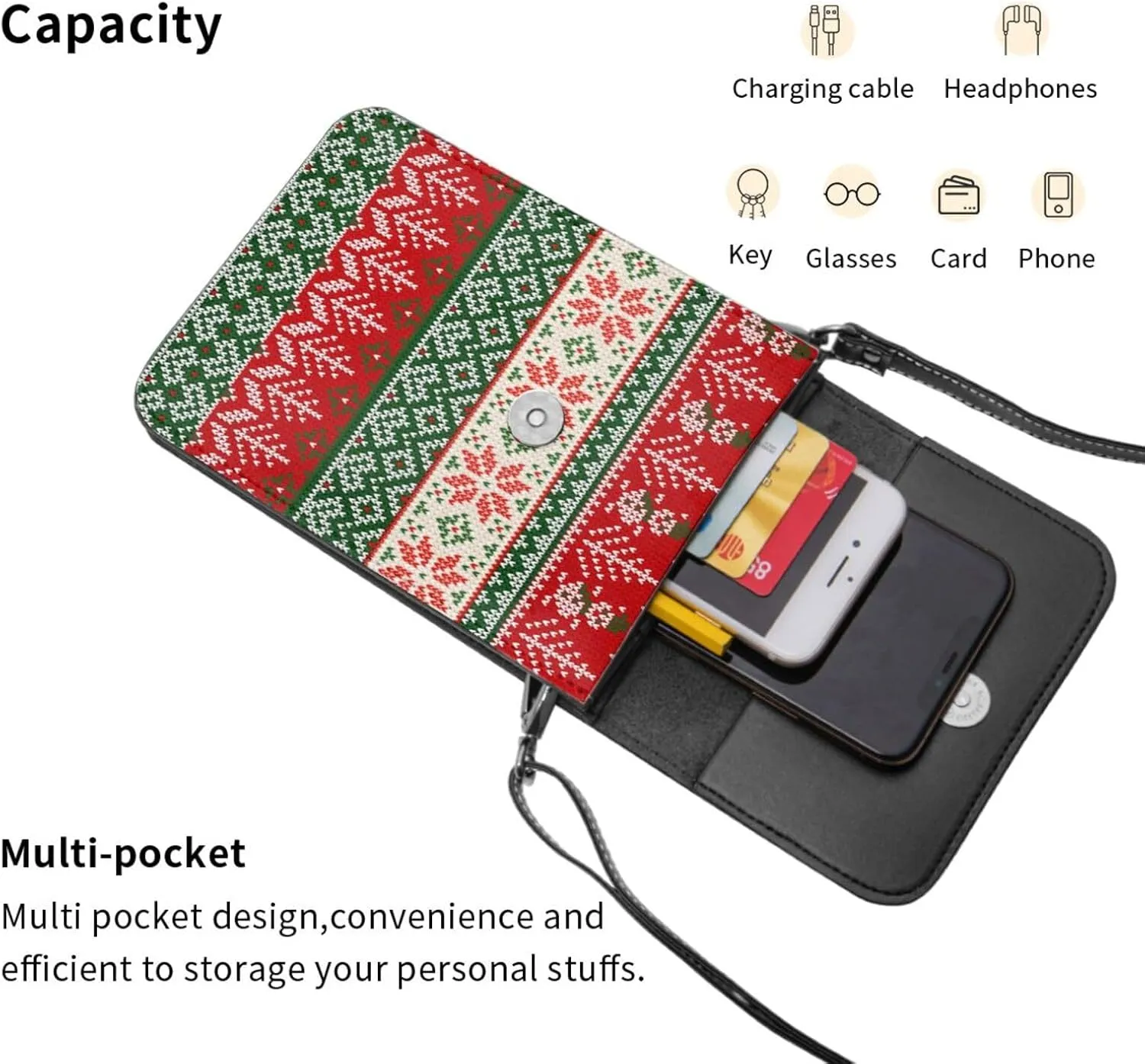 Merry Christmas Snowflakes Blue Leather Crossbody Phone Purse for Women Cute Wallet Bags Lightweight Mini Sling Bag