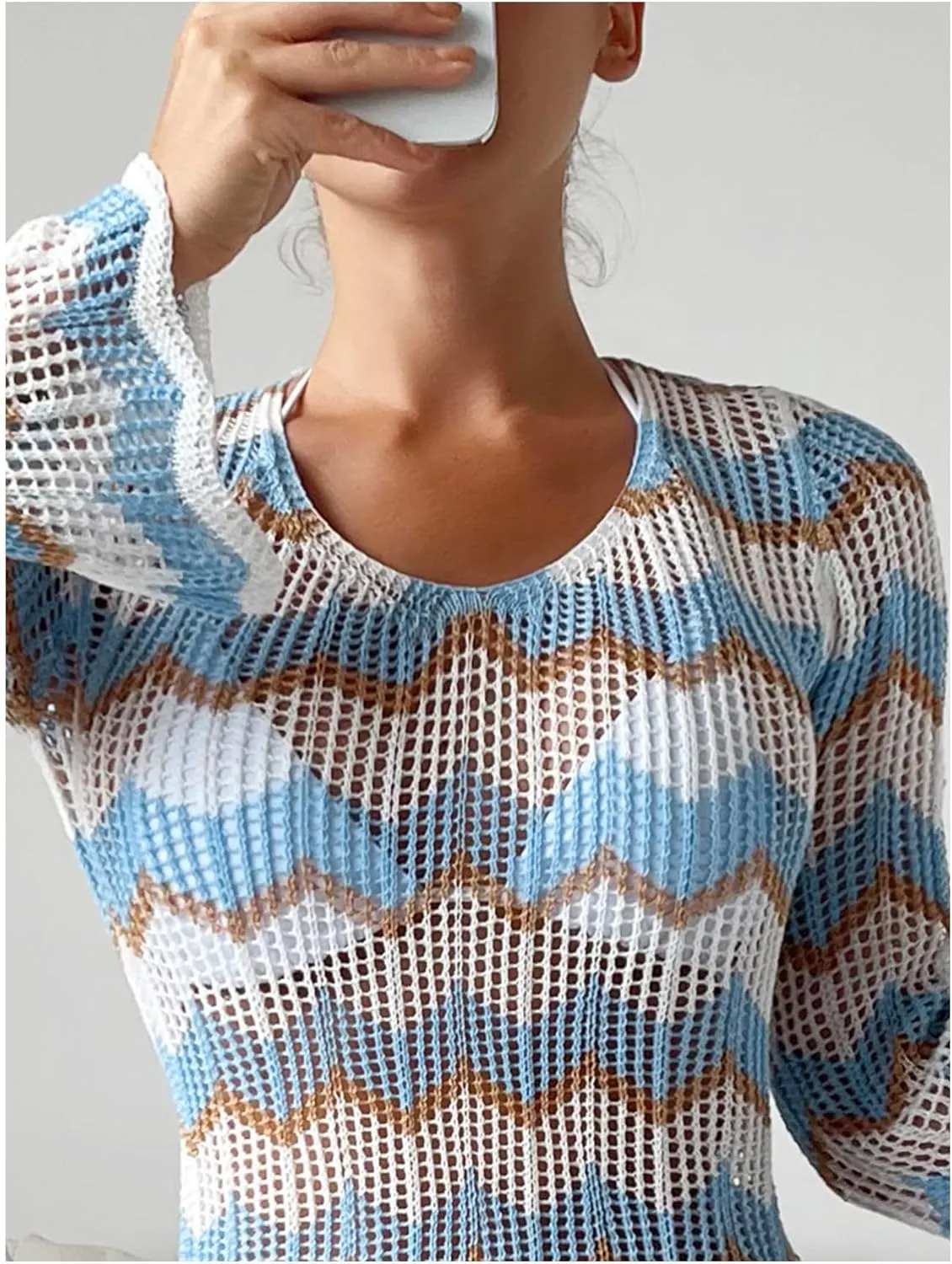 Milumia Women's Backless Crochet Cover Up Open Back Bell Sleeve Mini Beach Dresses