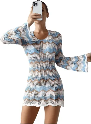 Milumia Women's Backless Crochet Cover Up Open Back Bell Sleeve Mini Beach Dresses
