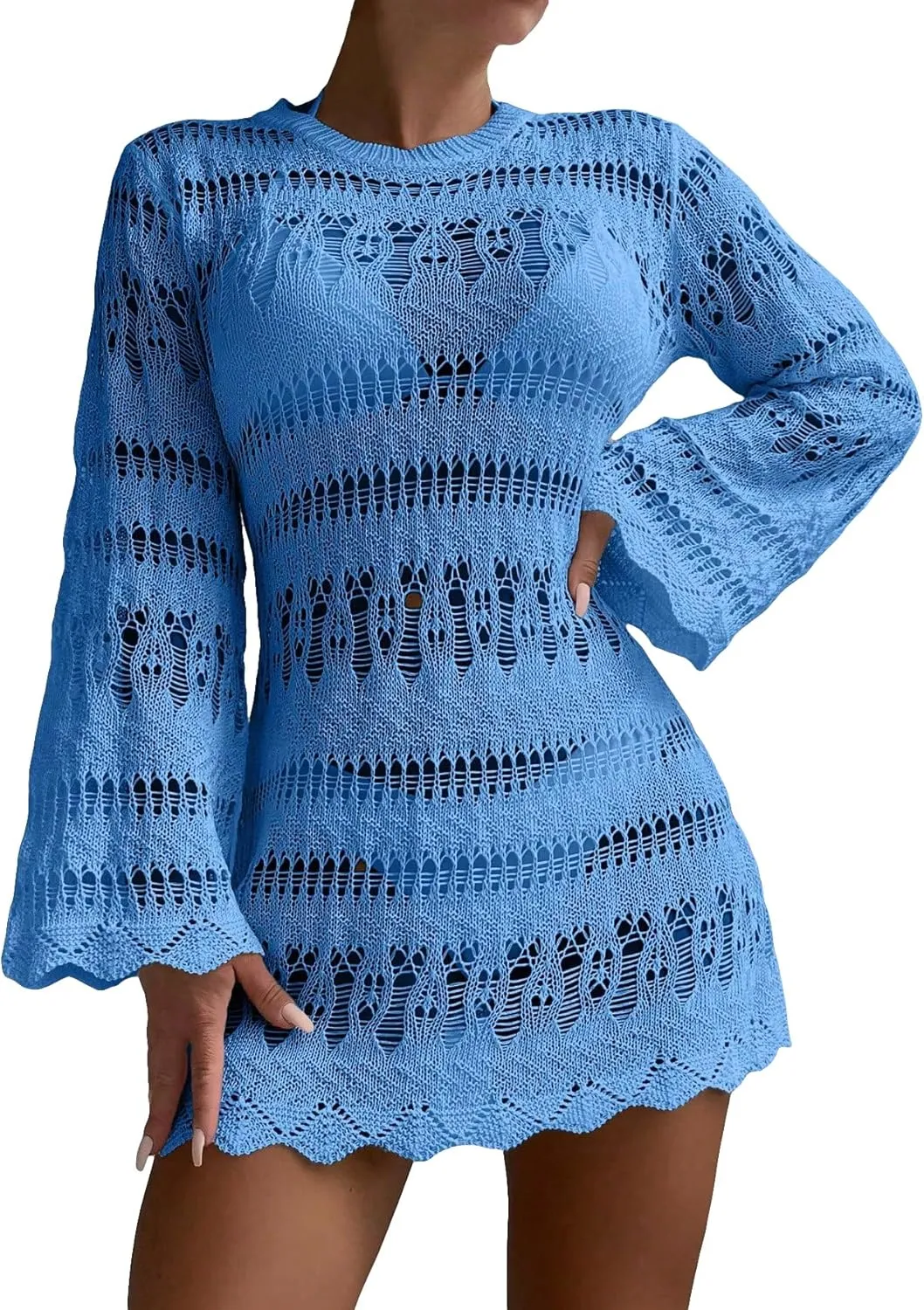 Milumia Women's Hollow Out Crochet Cover Up Scallop Trim Bell Sleeve Beach Bikini Coverup Dresses