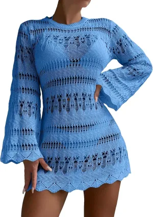 Milumia Women's Hollow Out Crochet Cover Up Scallop Trim Bell Sleeve Beach Bikini Coverup Dresses