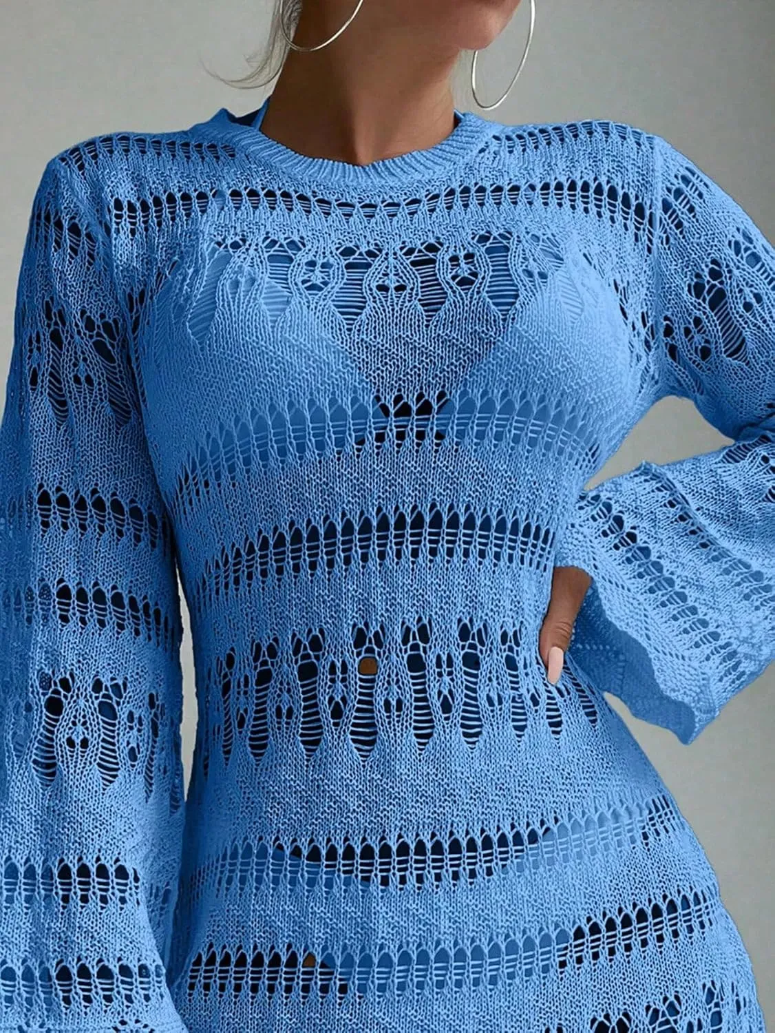 Milumia Women's Hollow Out Crochet Cover Up Scallop Trim Bell Sleeve Beach Bikini Coverup Dresses