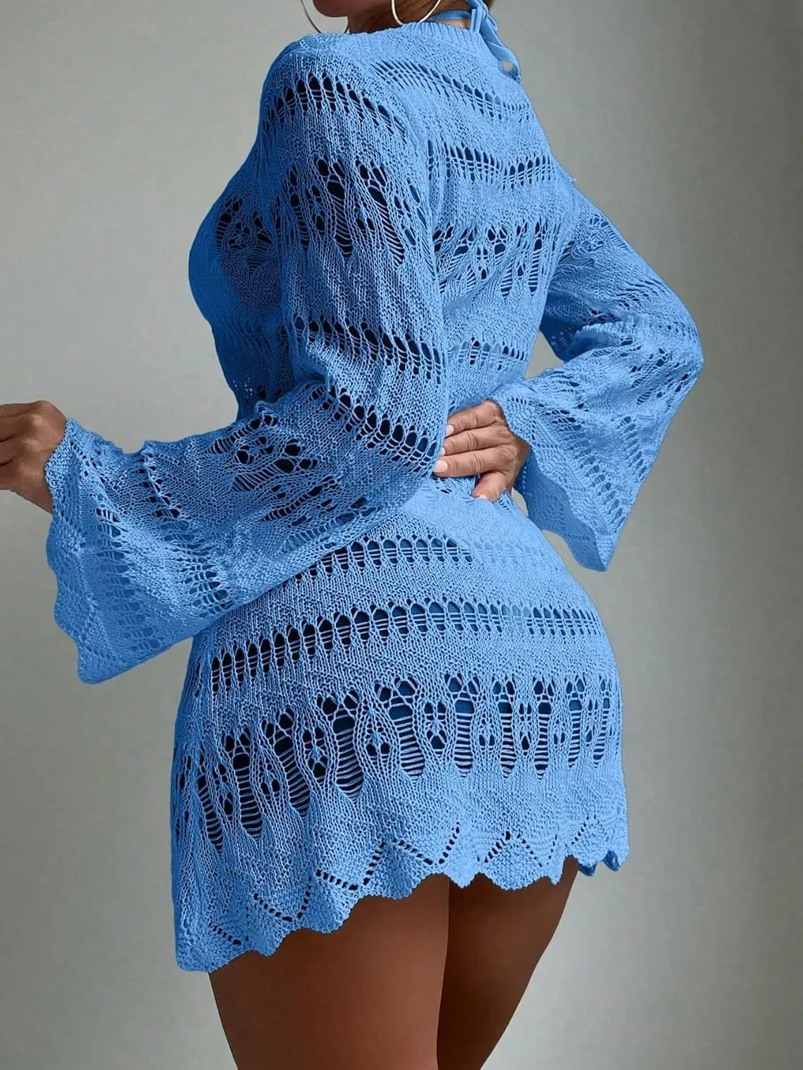 Milumia Women's Hollow Out Crochet Cover Up Scallop Trim Bell Sleeve Beach Bikini Coverup Dresses