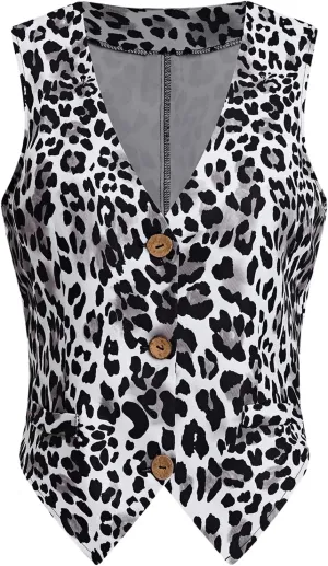 Milumia Women's Leopard Print Blazer Vest V Neck Sleeveless Button Down Jacket