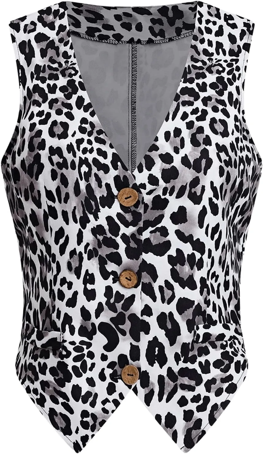 Milumia Women's Leopard Print Blazer Vest V Neck Sleeveless Button Down Jacket