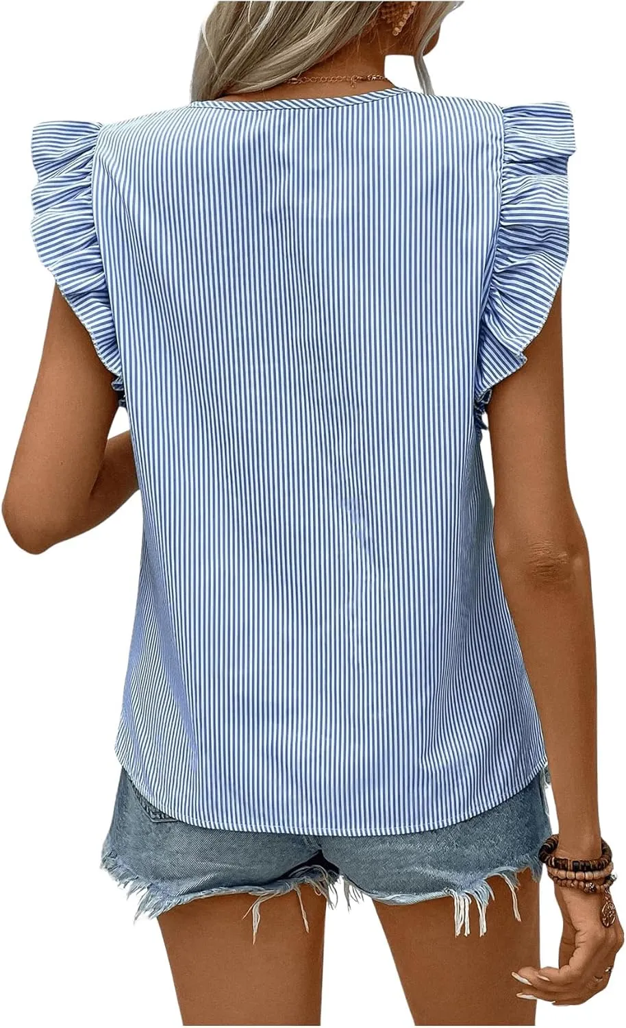 Milumia Women's Striped Ruffle Cap Sleeve Blouses Tie Neck Button Down Tops