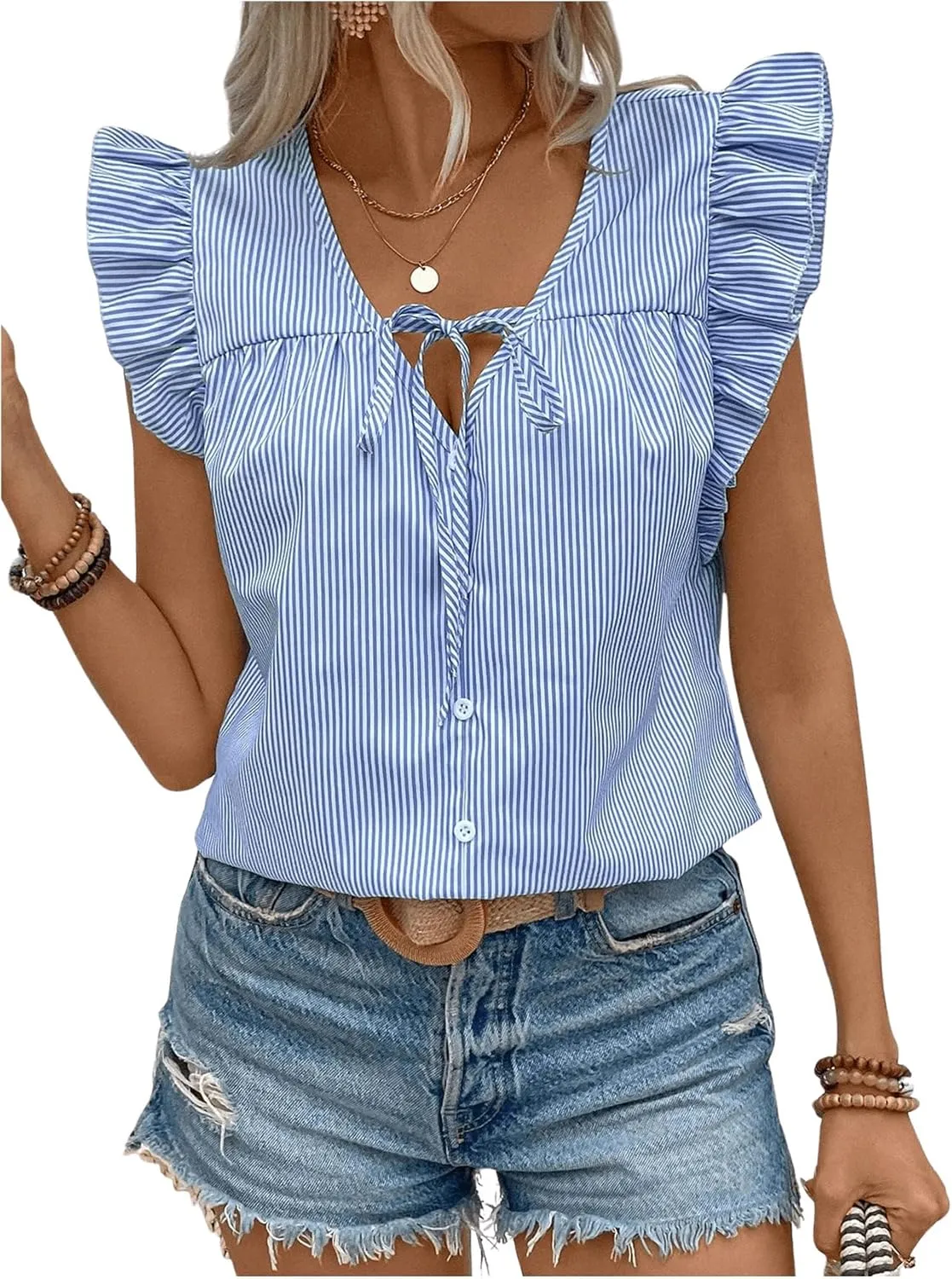 Milumia Women's Striped Ruffle Cap Sleeve Blouses Tie Neck Button Down Tops