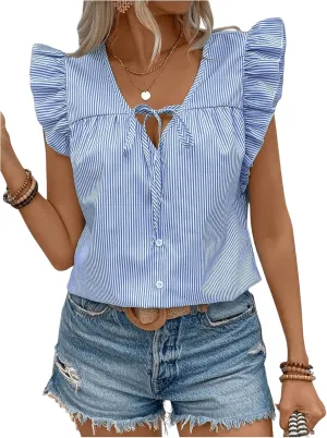 Milumia Women's Striped Ruffle Cap Sleeve Blouses Tie Neck Button Down Tops