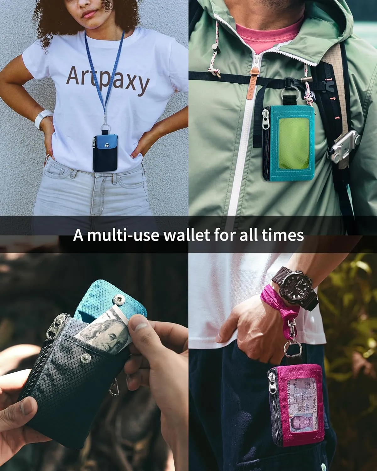 Minimalist Wallet For Mens Womens, Keychain RFID Blocking Zipper Small Wallet with ID Window 2 Lanyards,Water Resistant Travel Cash Card Coin Case Boys Girls