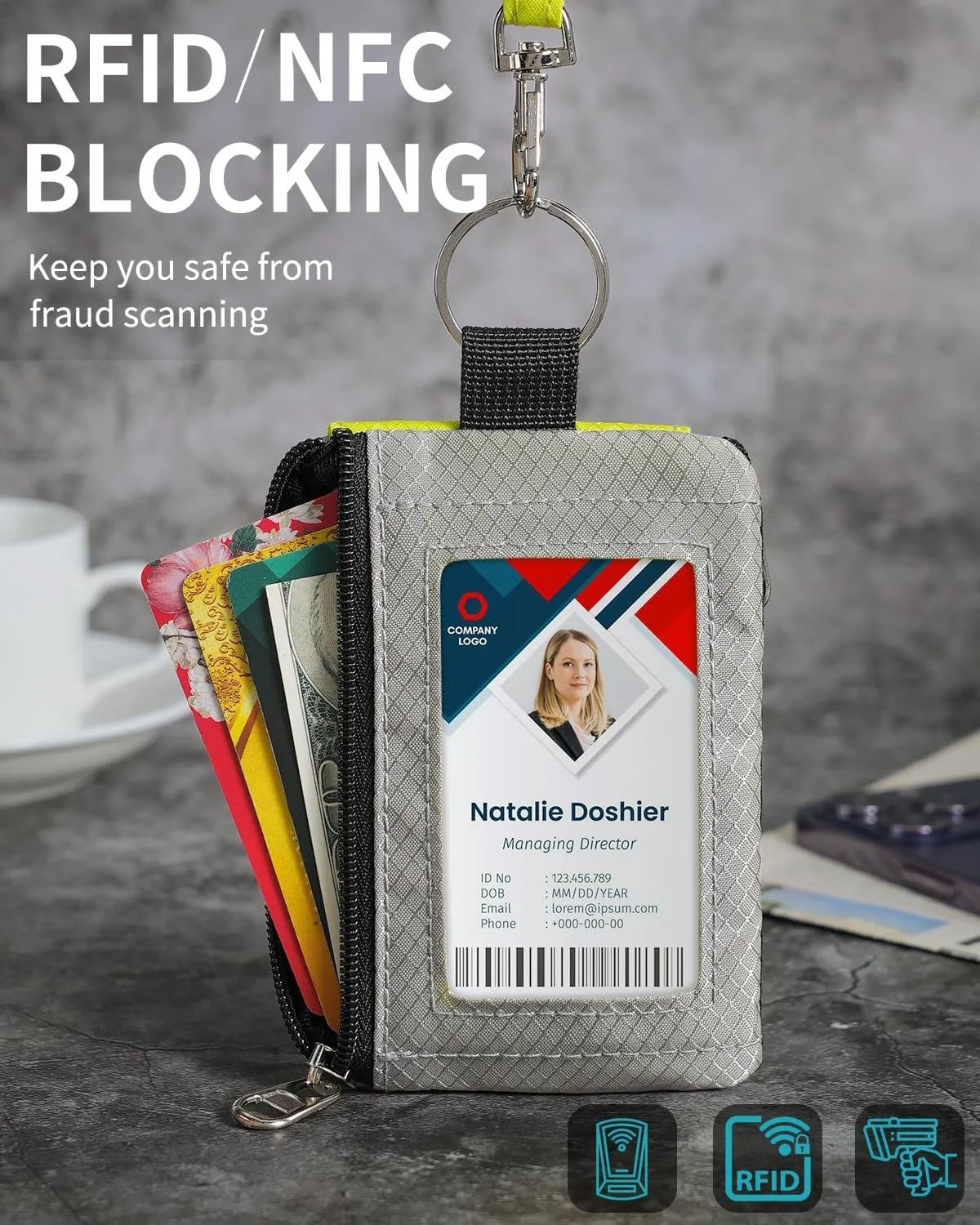 Minimalist Wallet For Mens Womens, Keychain RFID Blocking Zipper Small Wallet with ID Window 2 Lanyards,Water Resistant Travel Cash Card Coin Case Boys Girls