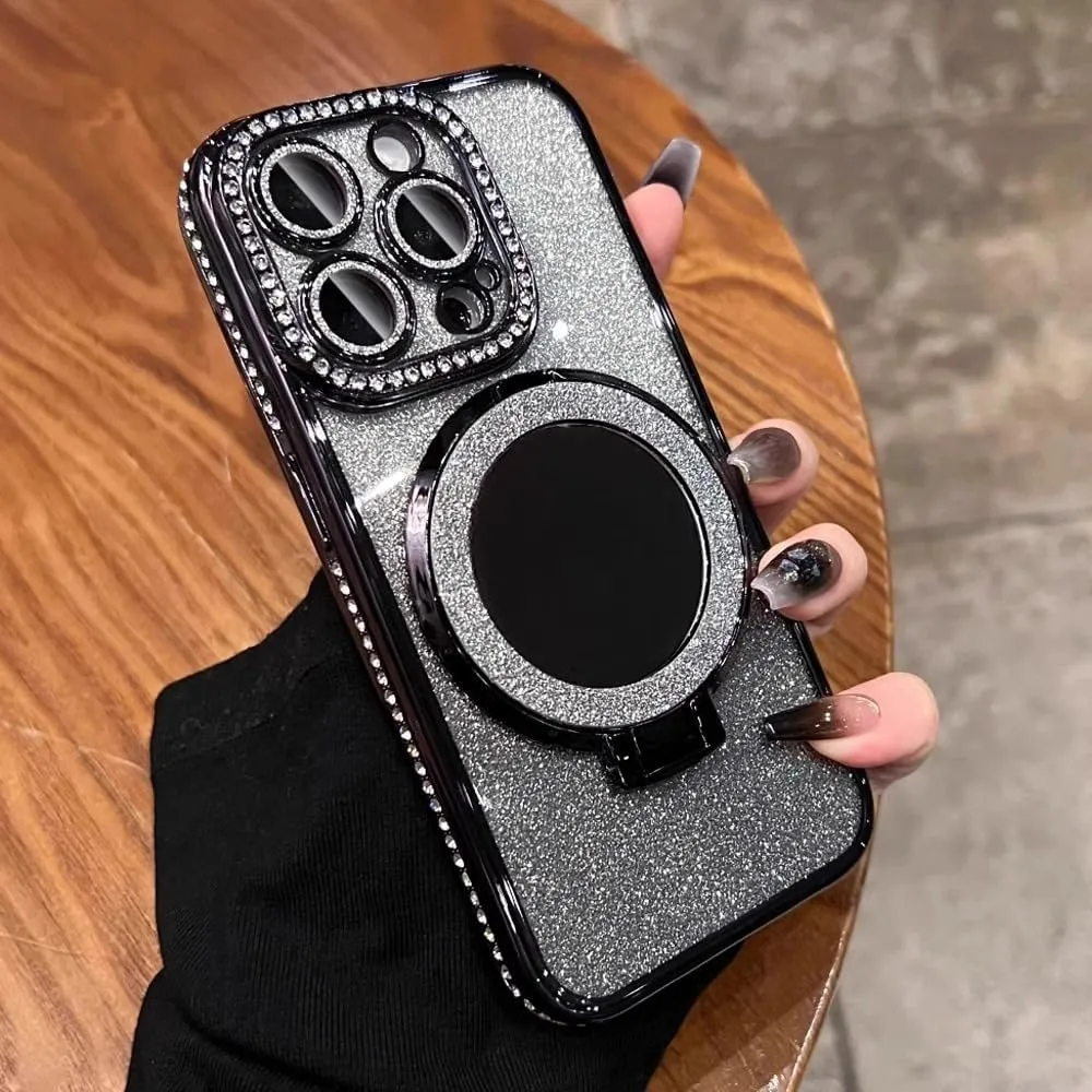 Mirror Kickstand Glitter Diamond Case for iPhone 15 14 13 12 Pro Max ,Magnetic Stand Holder ,Camera Lens Protector Compatible with Magsafe, Rhinesetone Bing Cover Case (Black,For iPhone 15 Pro Max)