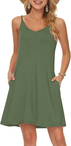 MISFAY Women's Summer Spaghetti Strap Casual Swing Tank Beach Cover Up Dress with Pockets