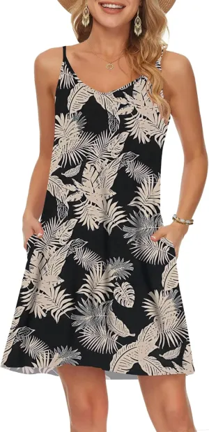 MISFAY Women's Summer Spaghetti Strap Casual Swing Tank Beach Cover Up Dress with Pockets