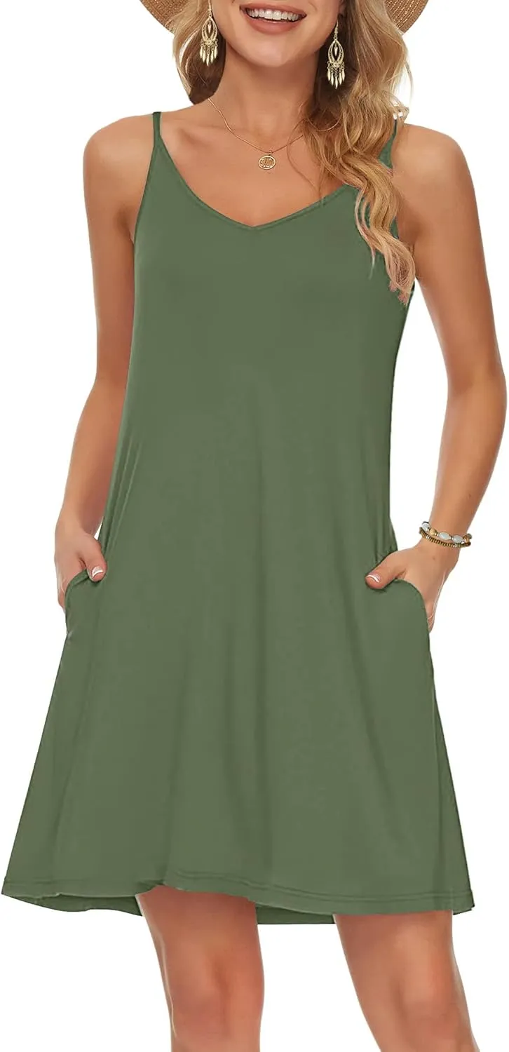 MISFAY Women's Summer Spaghetti Strap Casual Swing Tank Beach Cover Up Dress with Pockets