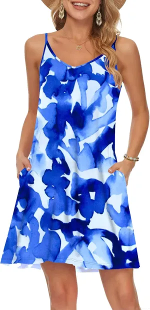 MISFAY Women's Summer Spaghetti Strap Casual Swing Tank Beach Cover Up Dress with Pockets