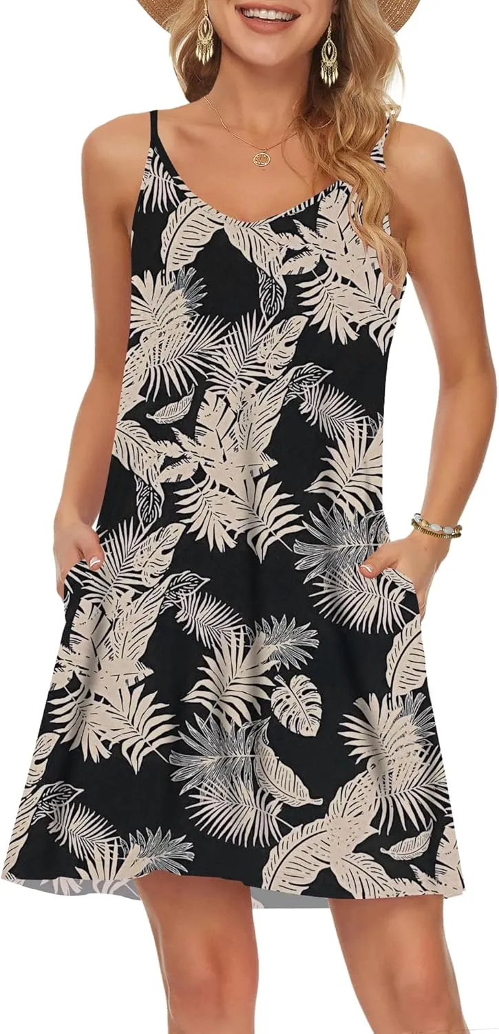 MISFAY Women's Summer Spaghetti Strap Casual Swing Tank Beach Cover Up Dress with Pockets