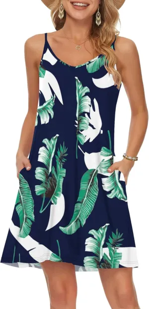 MISFAY Women's Summer Spaghetti Strap Casual Swing Tank Beach Cover Up Dress with Pockets