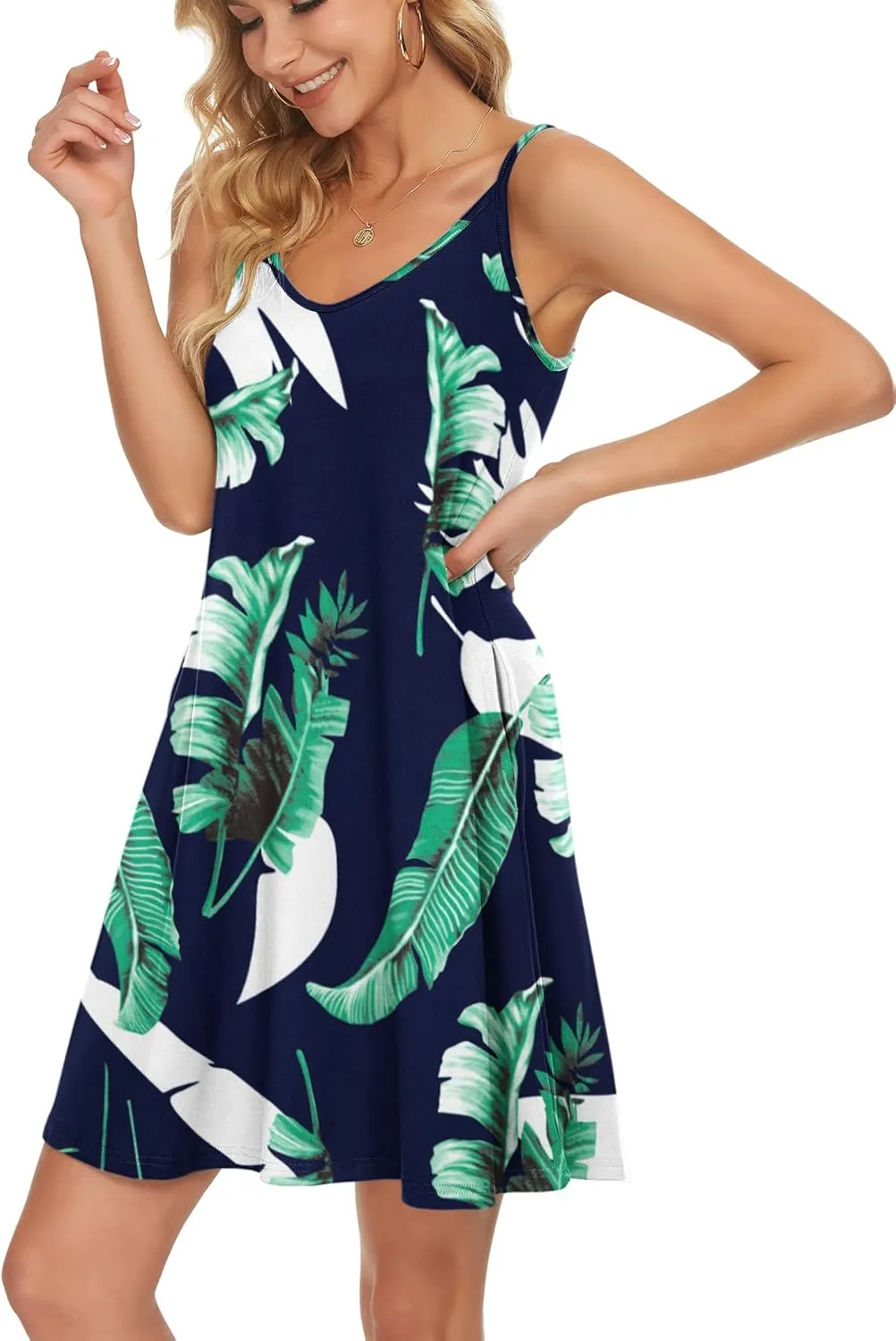 MISFAY Women's Summer Spaghetti Strap Casual Swing Tank Beach Cover Up Dress with Pockets