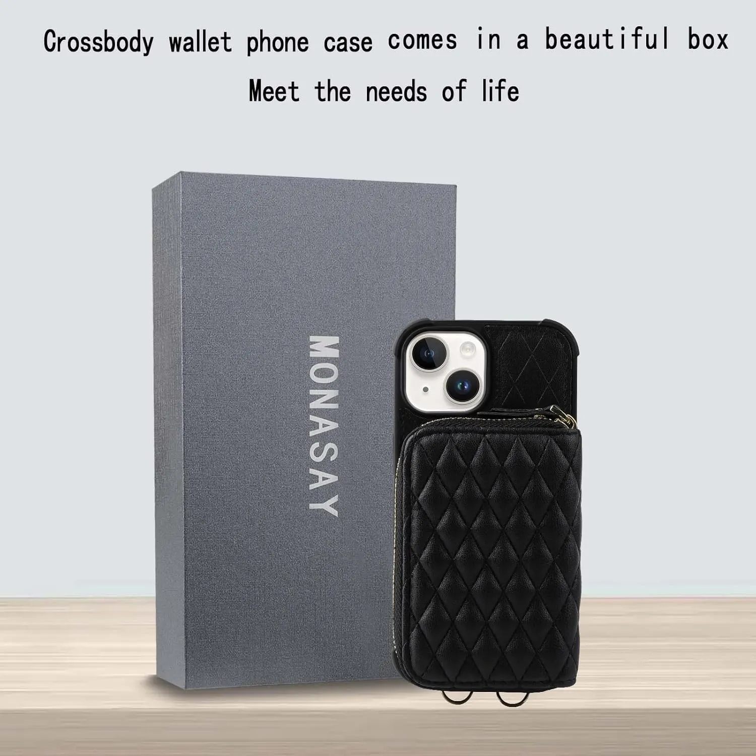 MONAOSAY Zipper Wallet Case for iPhone 14 Plus,6.7in[Glass Screen Protector ][RFID Blocking] Flip Leather Handbag Phone Cover with Card Holder&Detachable Crossbody Lanyard Strap, Black