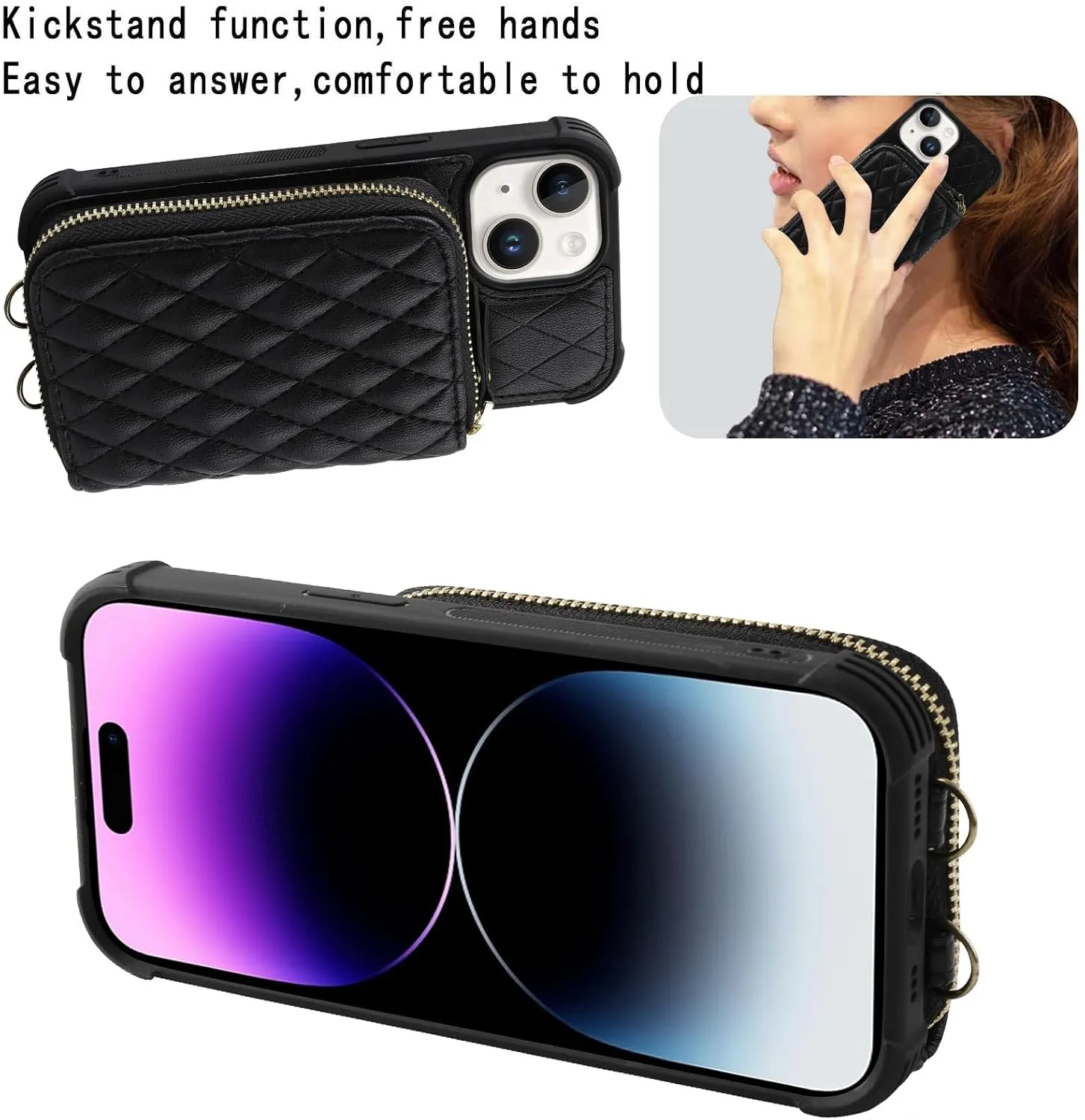 MONAOSAY Zipper Wallet Case for iPhone 14 Plus,6.7in[Glass Screen Protector ][RFID Blocking] Flip Leather Handbag Phone Cover with Card Holder&Detachable Crossbody Lanyard Strap, Black