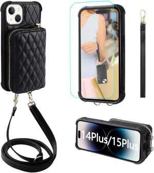 MONAOSAY Zipper Wallet Case for iPhone 14 Plus,6.7in[Glass Screen Protector ][RFID Blocking] Flip Leather Handbag Phone Cover with Card Holder&Detachable Crossbody Lanyard Strap, Black