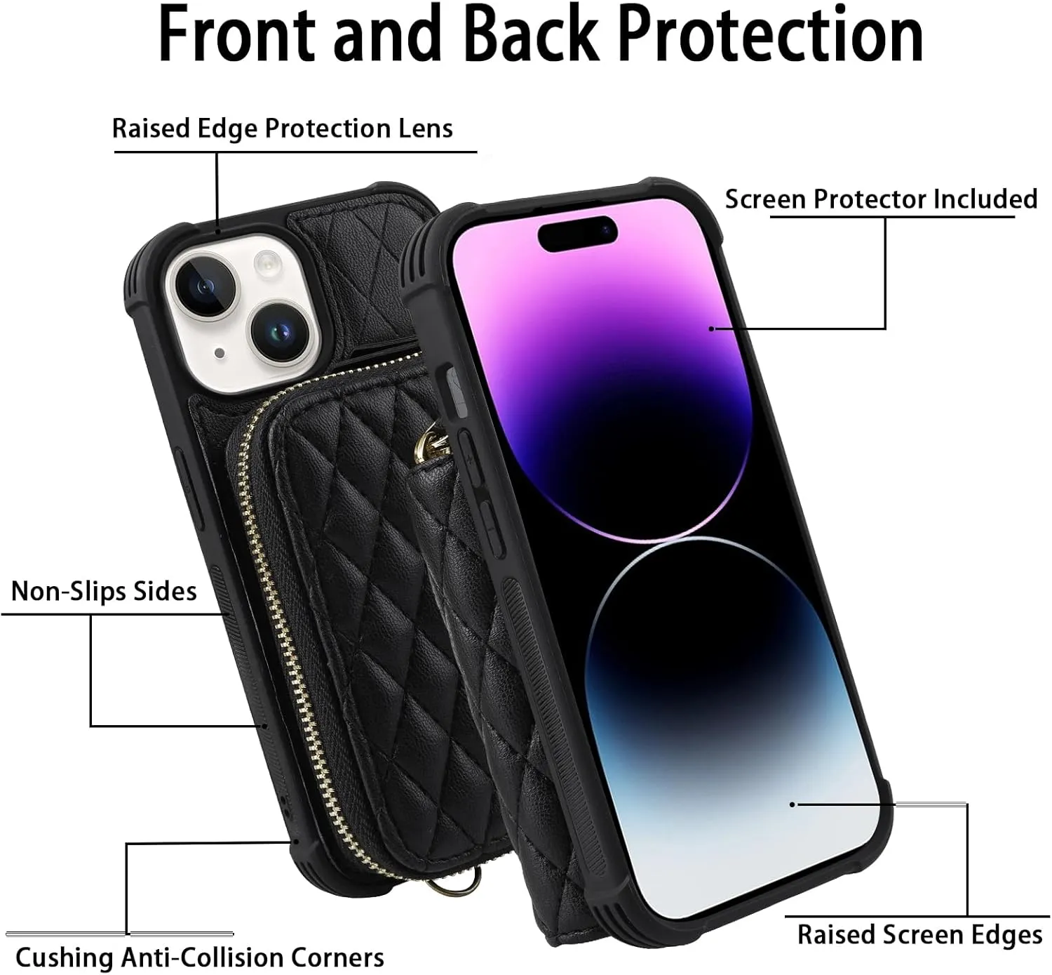 MONAOSAY Zipper Wallet Case for iPhone 14 Plus,6.7in[Glass Screen Protector ][RFID Blocking] Flip Leather Handbag Phone Cover with Card Holder&Detachable Crossbody Lanyard Strap, Black