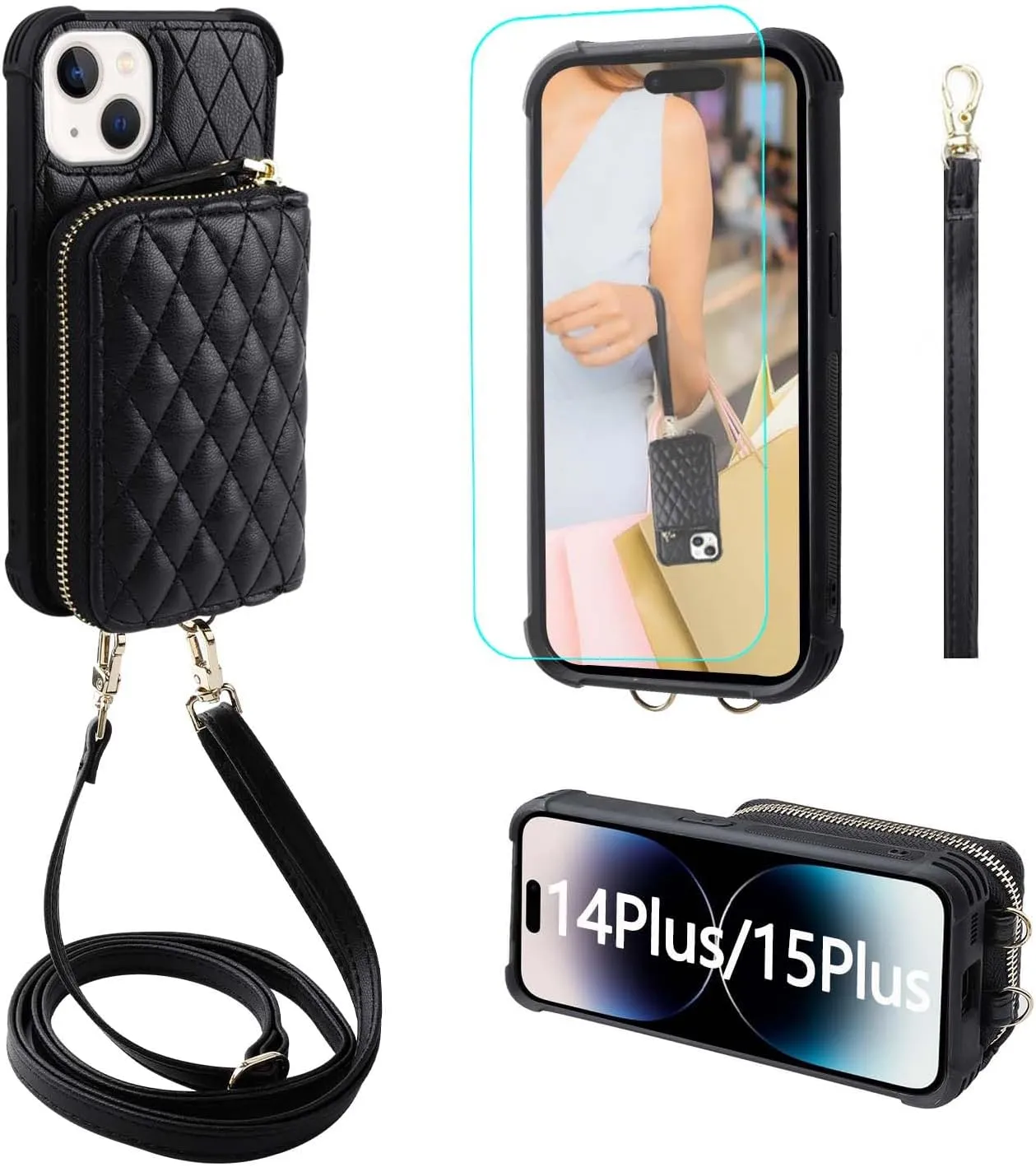 MONAOSAY Zipper Wallet Case for iPhone 14 Plus,6.7in[Glass Screen Protector ][RFID Blocking] Flip Leather Handbag Phone Cover with Card Holder&Detachable Crossbody Lanyard Strap, Black