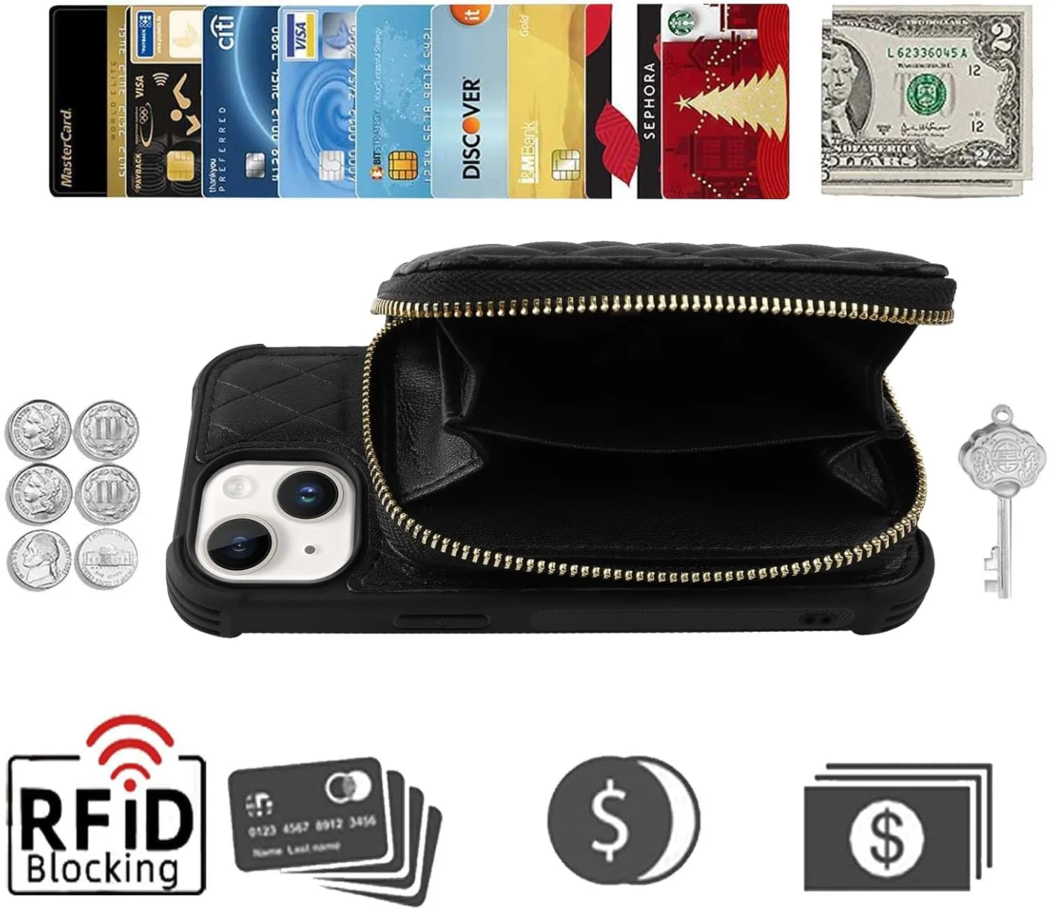 MONAOSAY Zipper Wallet Case for iPhone 14 Plus,6.7in[Glass Screen Protector ][RFID Blocking] Flip Leather Handbag Phone Cover with Card Holder&Detachable Crossbody Lanyard Strap, Black