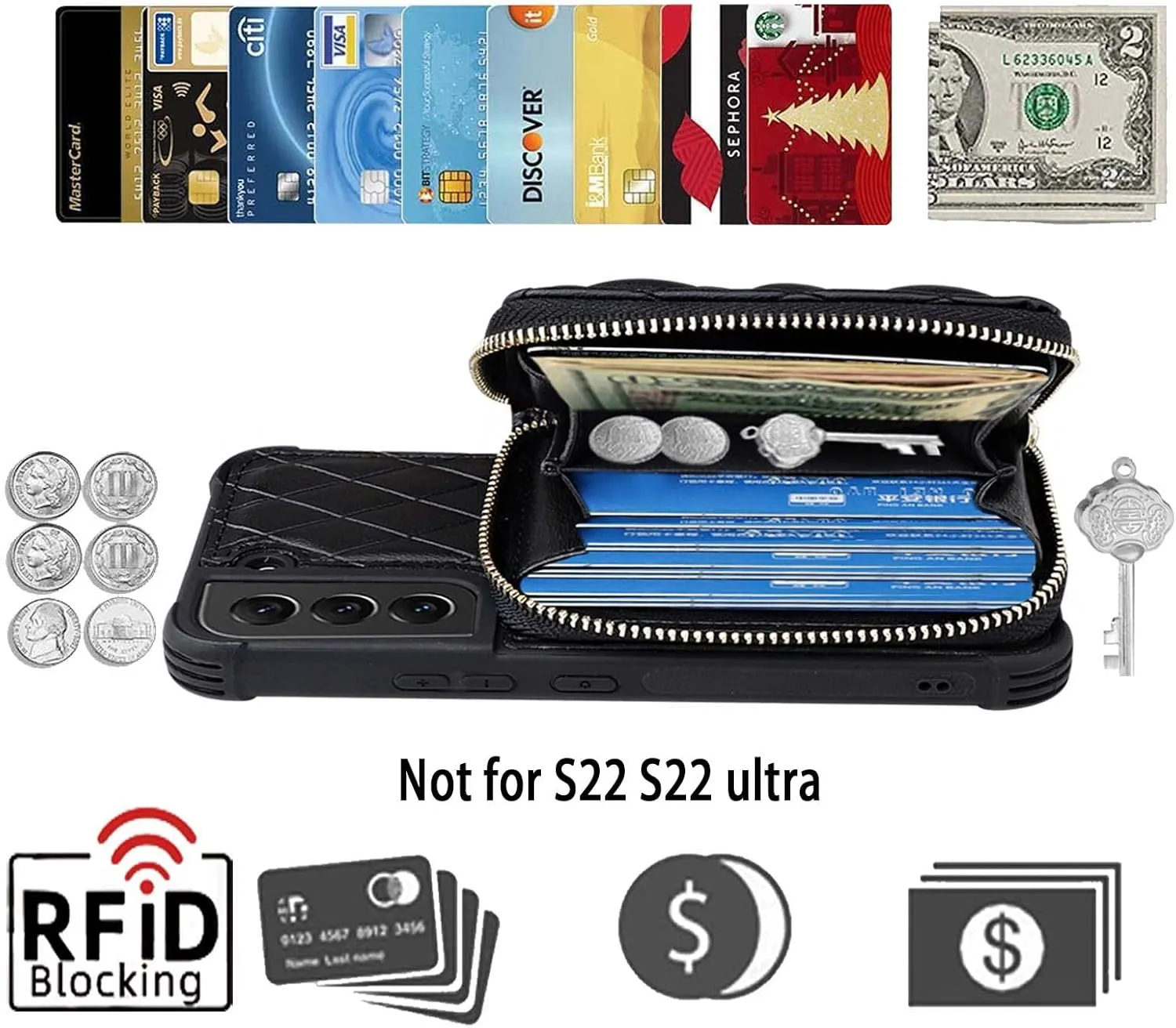 MONASAY Zipper Wallet Case Fit for Galaxy S22  Plus 5G, [Screen Protector ][RFID Blocking] Flip Leather Handbag Phone Cover with Card Holder and Crossbody Shoulder Lanyard Strap, Black