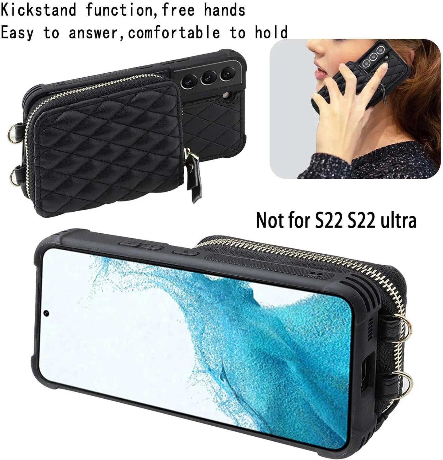 MONASAY Zipper Wallet Case Fit for Galaxy S22  Plus 5G, [Screen Protector ][RFID Blocking] Flip Leather Handbag Phone Cover with Card Holder and Crossbody Shoulder Lanyard Strap, Black