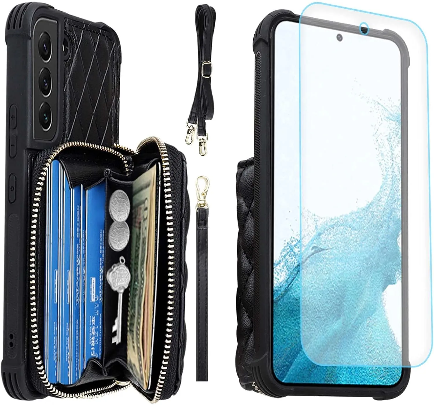 MONASAY Zipper Wallet Case Fit for Galaxy S22  Plus 5G, [Screen Protector ][RFID Blocking] Flip Leather Handbag Phone Cover with Card Holder and Crossbody Shoulder Lanyard Strap, Black