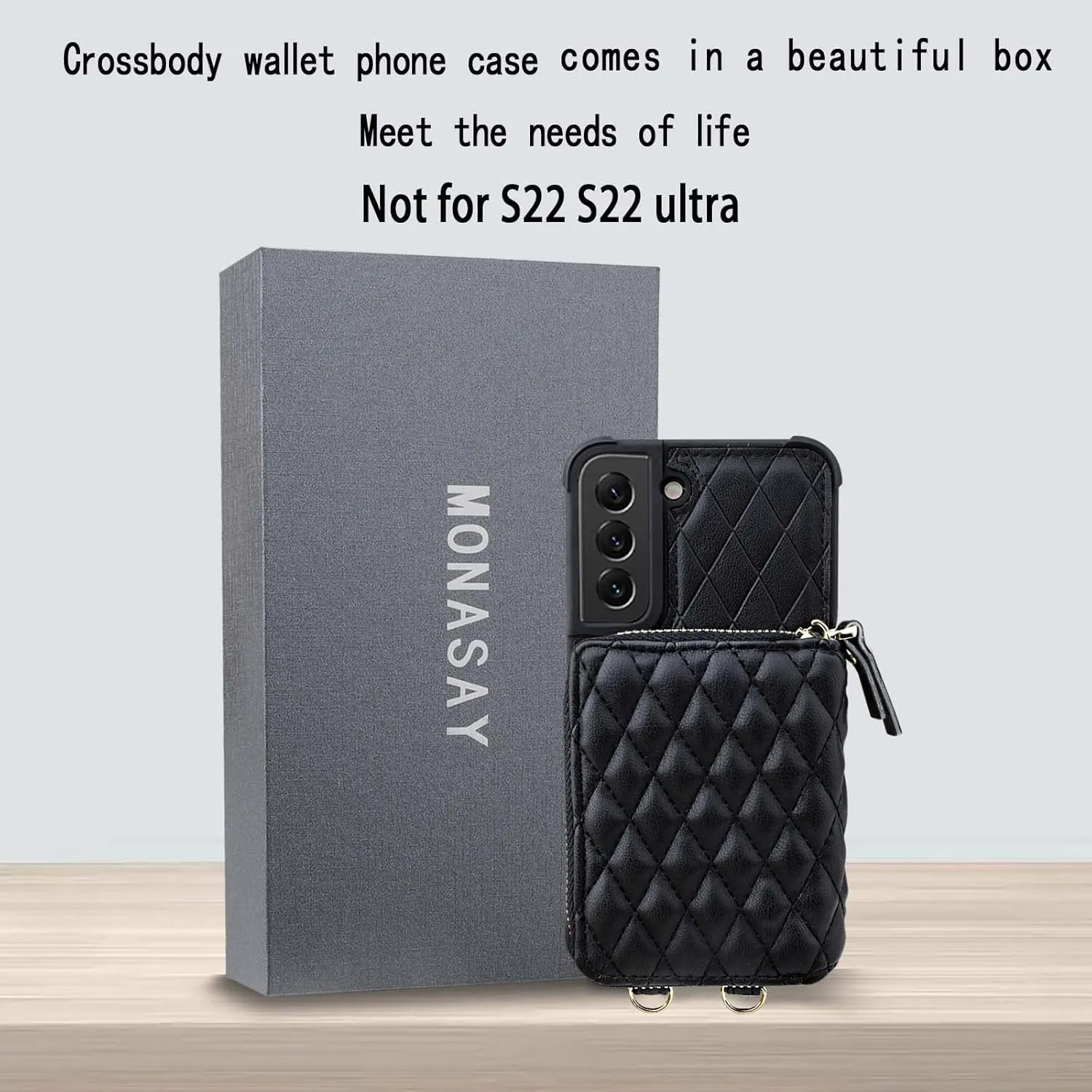 MONASAY Zipper Wallet Case Fit for Galaxy S22  Plus 5G, [Screen Protector ][RFID Blocking] Flip Leather Handbag Phone Cover with Card Holder and Crossbody Shoulder Lanyard Strap, Black