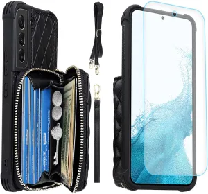 MONASAY Zipper Wallet Case Fit for Galaxy S22  Plus 5G, [Screen Protector ][RFID Blocking] Flip Leather Handbag Phone Cover with Card Holder and Crossbody Shoulder Lanyard Strap, Black