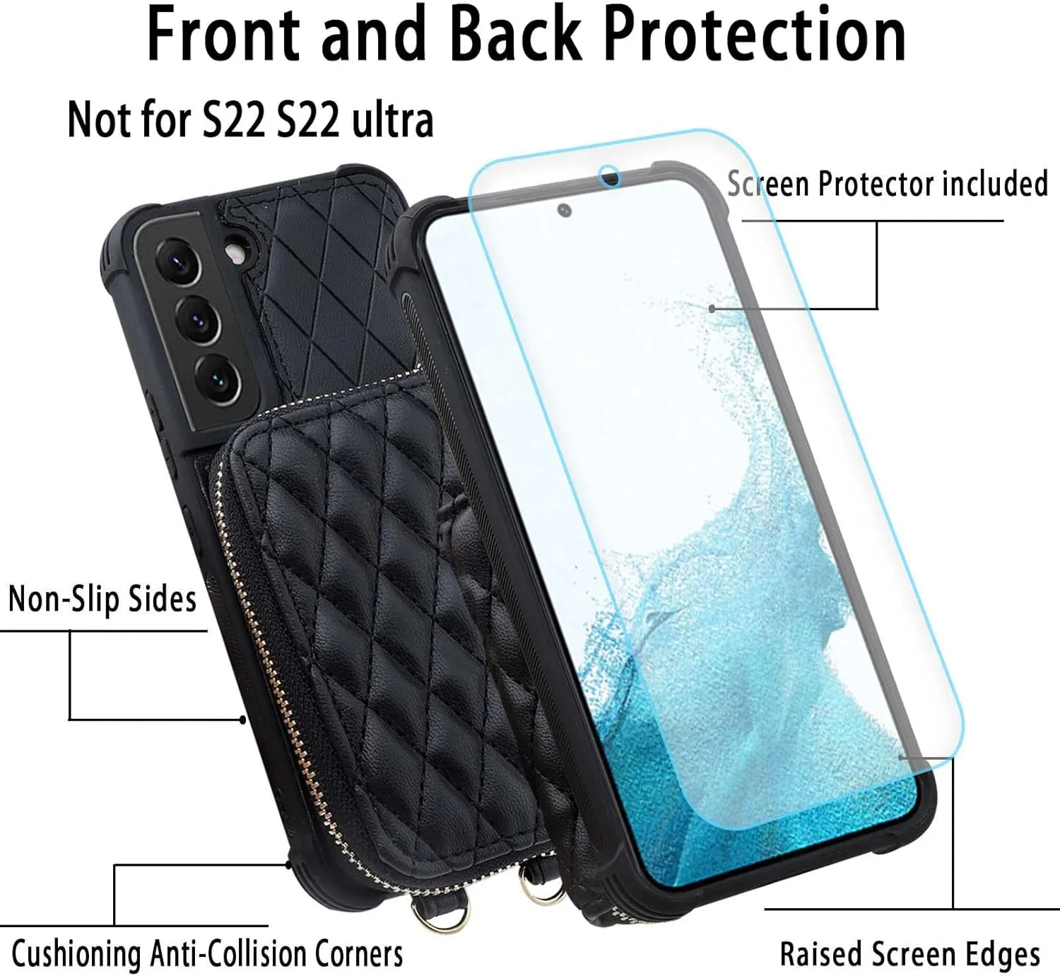 MONASAY Zipper Wallet Case Fit for Galaxy S22  Plus 5G, [Screen Protector ][RFID Blocking] Flip Leather Handbag Phone Cover with Card Holder and Crossbody Shoulder Lanyard Strap, Black