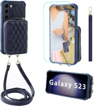 MONASAY Zipper Wallet Case Fit for Galaxy S23, 6.1in [RFID Blocking] Flip Leather Handbag Phone Cover with Card Holder and Crossbody Shoulder Lanyard Strap, Dark Blue
