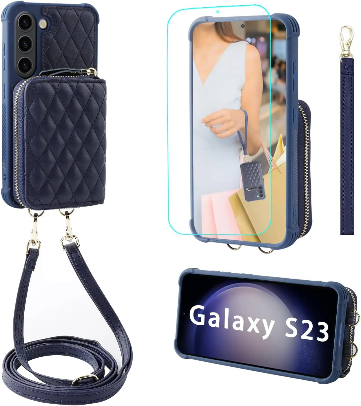 MONASAY Zipper Wallet Case Fit for Galaxy S23, 6.1in [RFID Blocking] Flip Leather Handbag Phone Cover with Card Holder and Crossbody Shoulder Lanyard Strap, Dark Blue