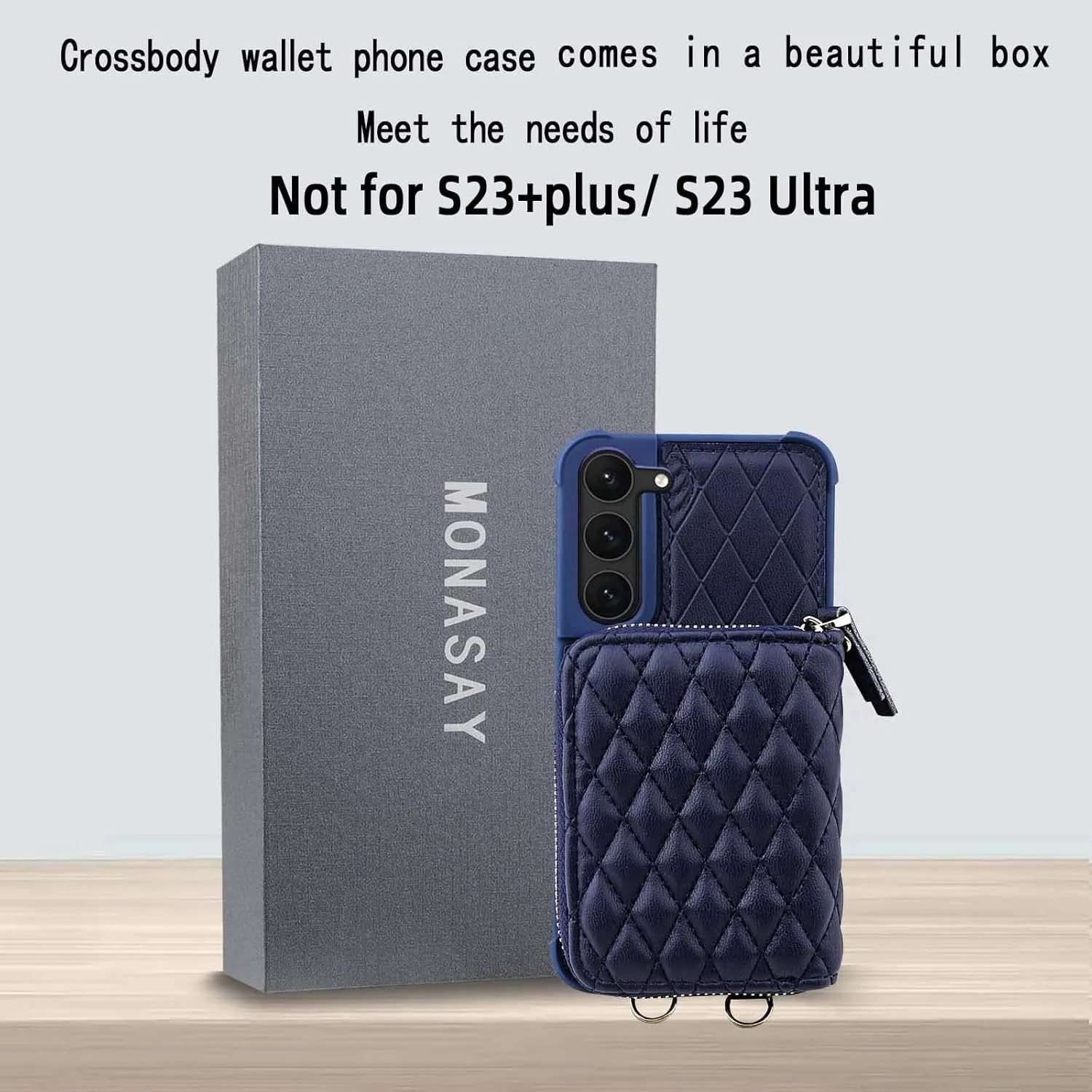 MONASAY Zipper Wallet Case Fit for Galaxy S23, 6.1in [RFID Blocking] Flip Leather Handbag Phone Cover with Card Holder and Crossbody Shoulder Lanyard Strap, Dark Blue