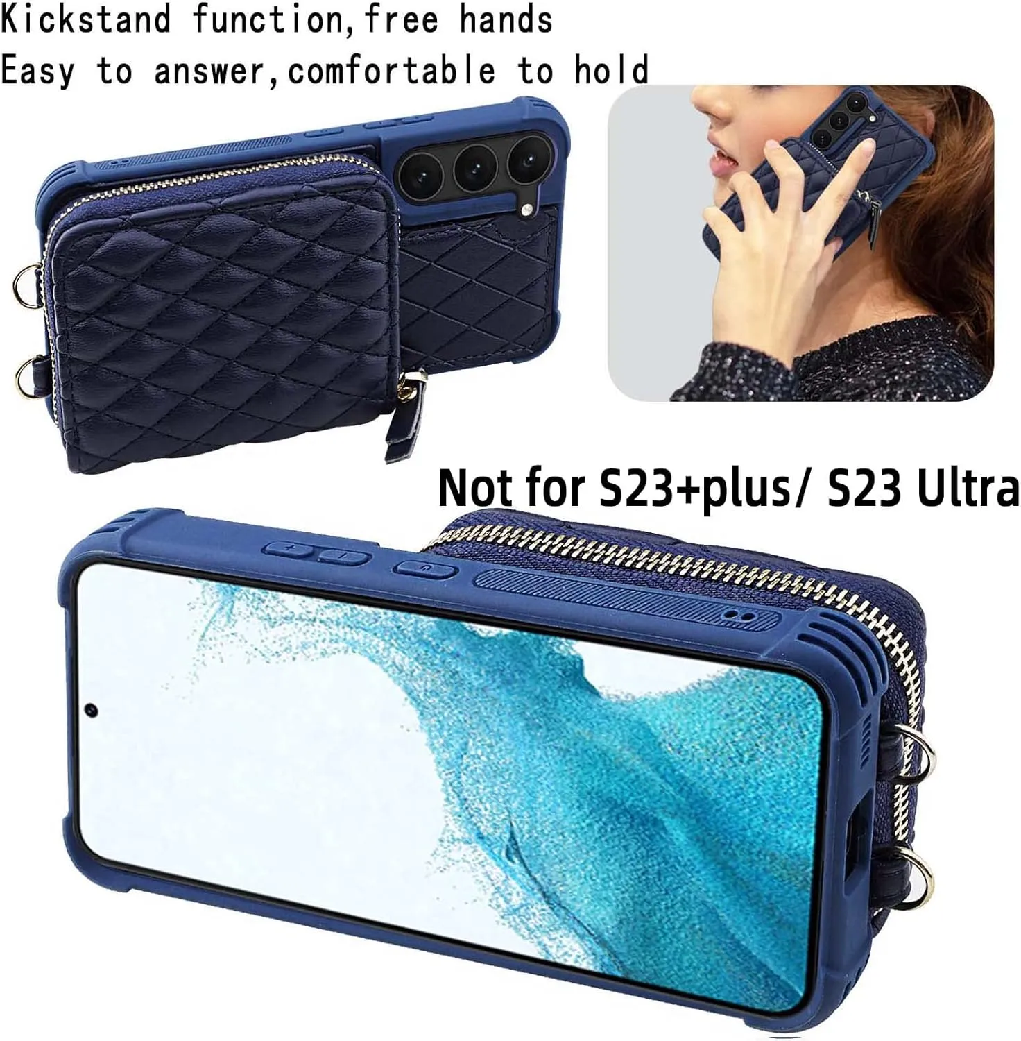 MONASAY Zipper Wallet Case Fit for Galaxy S23, 6.1in [RFID Blocking] Flip Leather Handbag Phone Cover with Card Holder and Crossbody Shoulder Lanyard Strap, Dark Blue