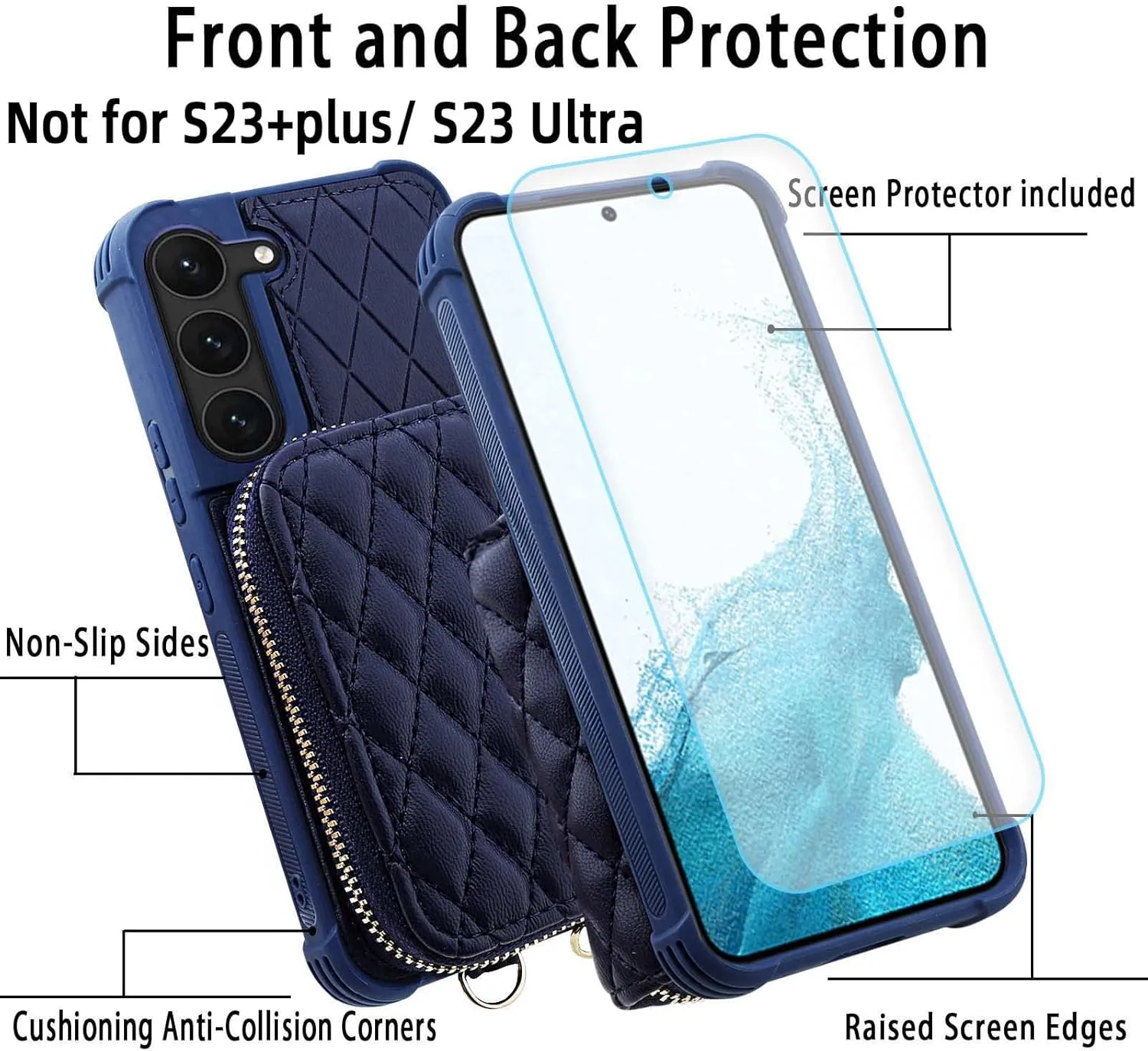 MONASAY Zipper Wallet Case Fit for Galaxy S23, 6.1in [RFID Blocking] Flip Leather Handbag Phone Cover with Card Holder and Crossbody Shoulder Lanyard Strap, Dark Blue