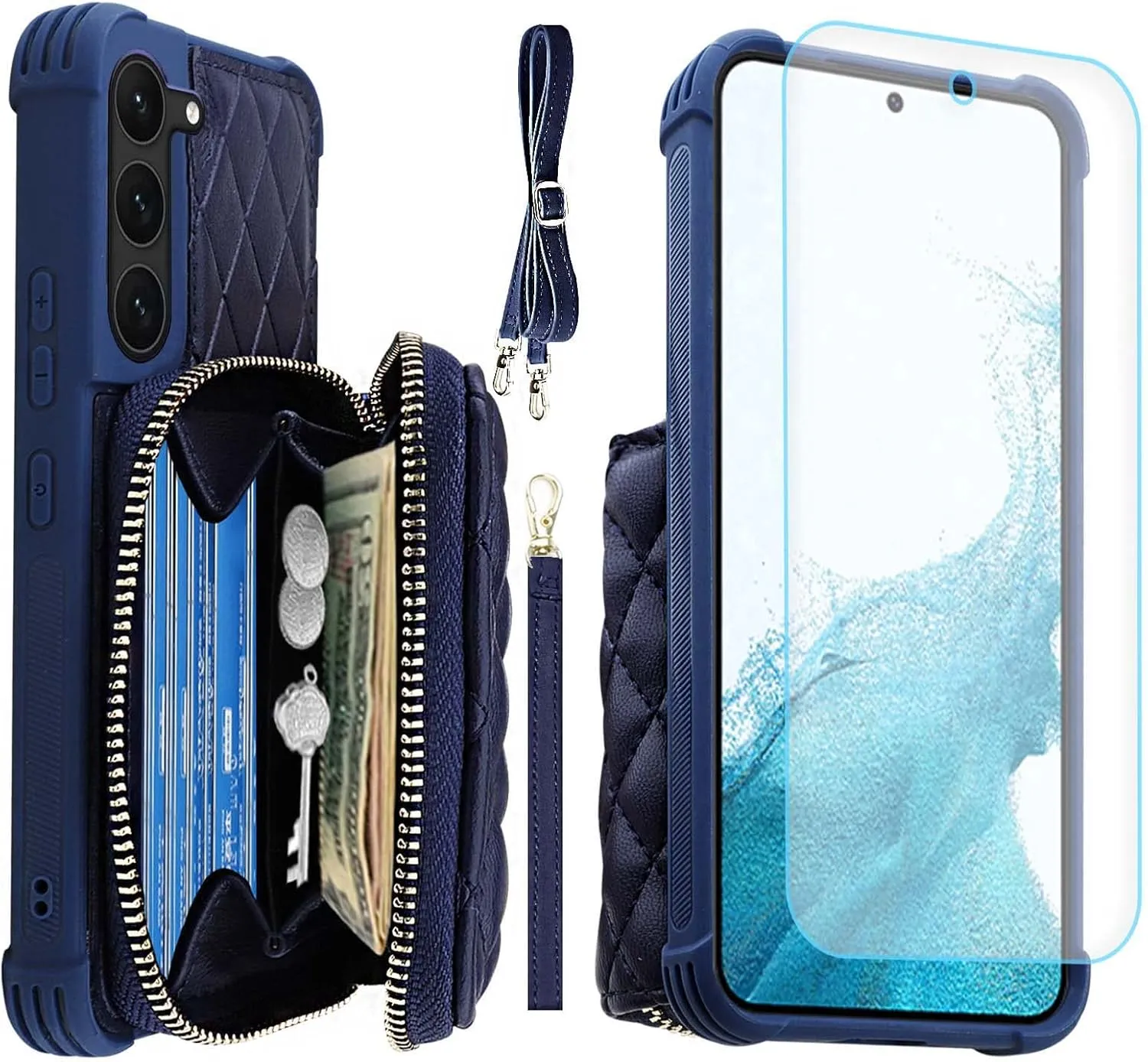 MONASAY Zipper Wallet Case Fit for Galaxy S23, 6.1in [RFID Blocking] Flip Leather Handbag Phone Cover with Card Holder and Crossbody Shoulder Lanyard Strap, Dark Blue