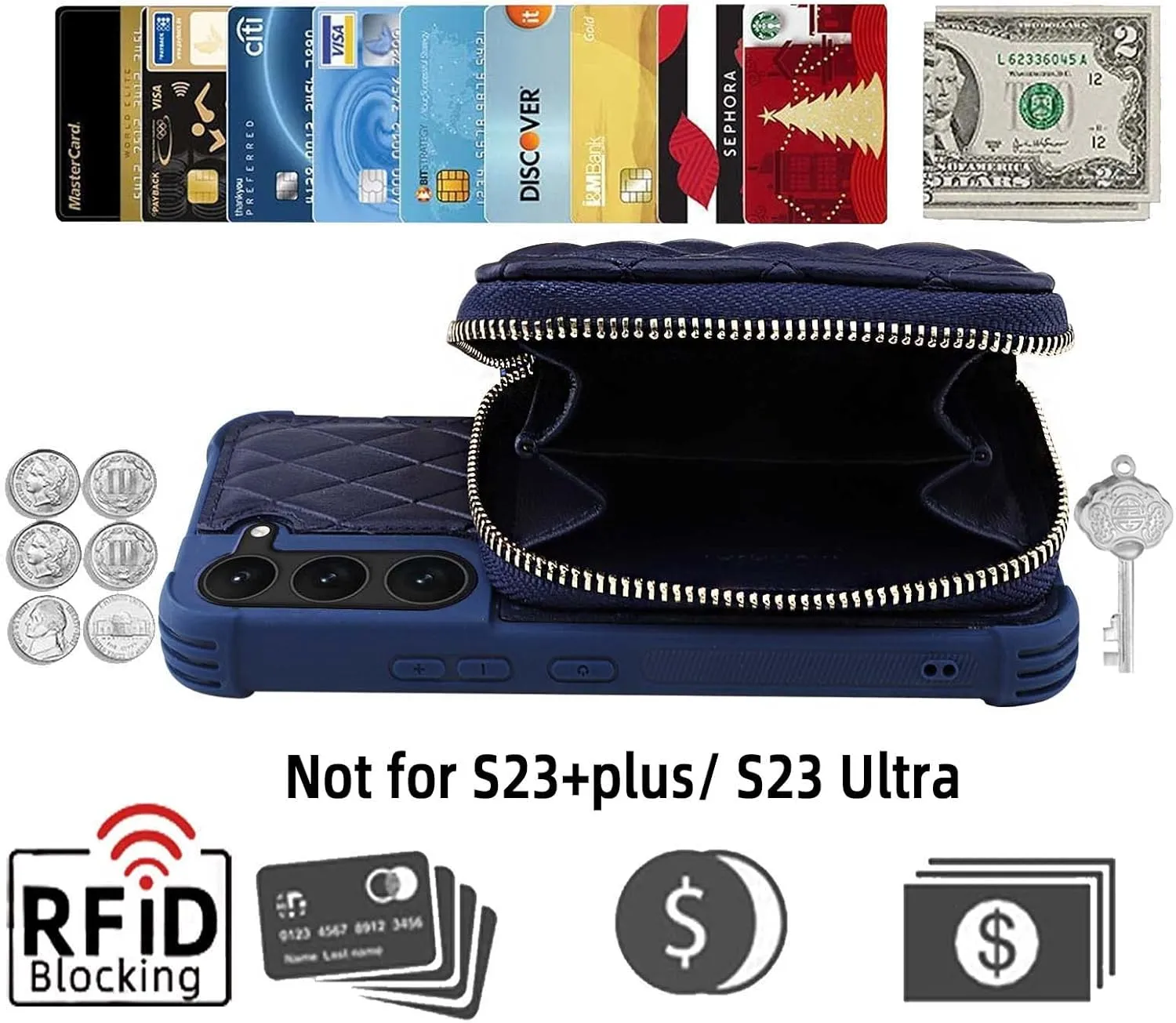 MONASAY Zipper Wallet Case Fit for Galaxy S23, 6.1in [RFID Blocking] Flip Leather Handbag Phone Cover with Card Holder and Crossbody Shoulder Lanyard Strap, Dark Blue