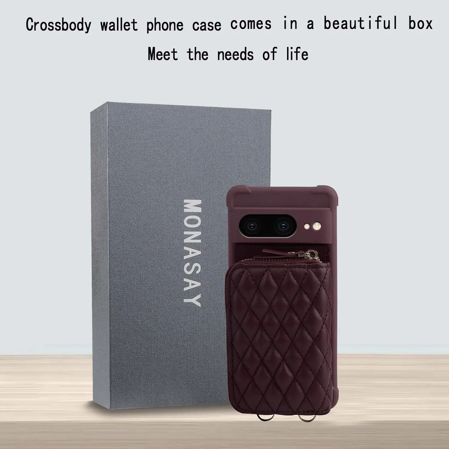 MONASAY Zipper Wallet Case Fit for Google Pixel 7, [Glass Screen Protector ][RFID Blocking] Flip Leather Handbag Phone Cover with Card Holder and Detachable Crossbody Shoulder Lanyard Strap, Burgundy