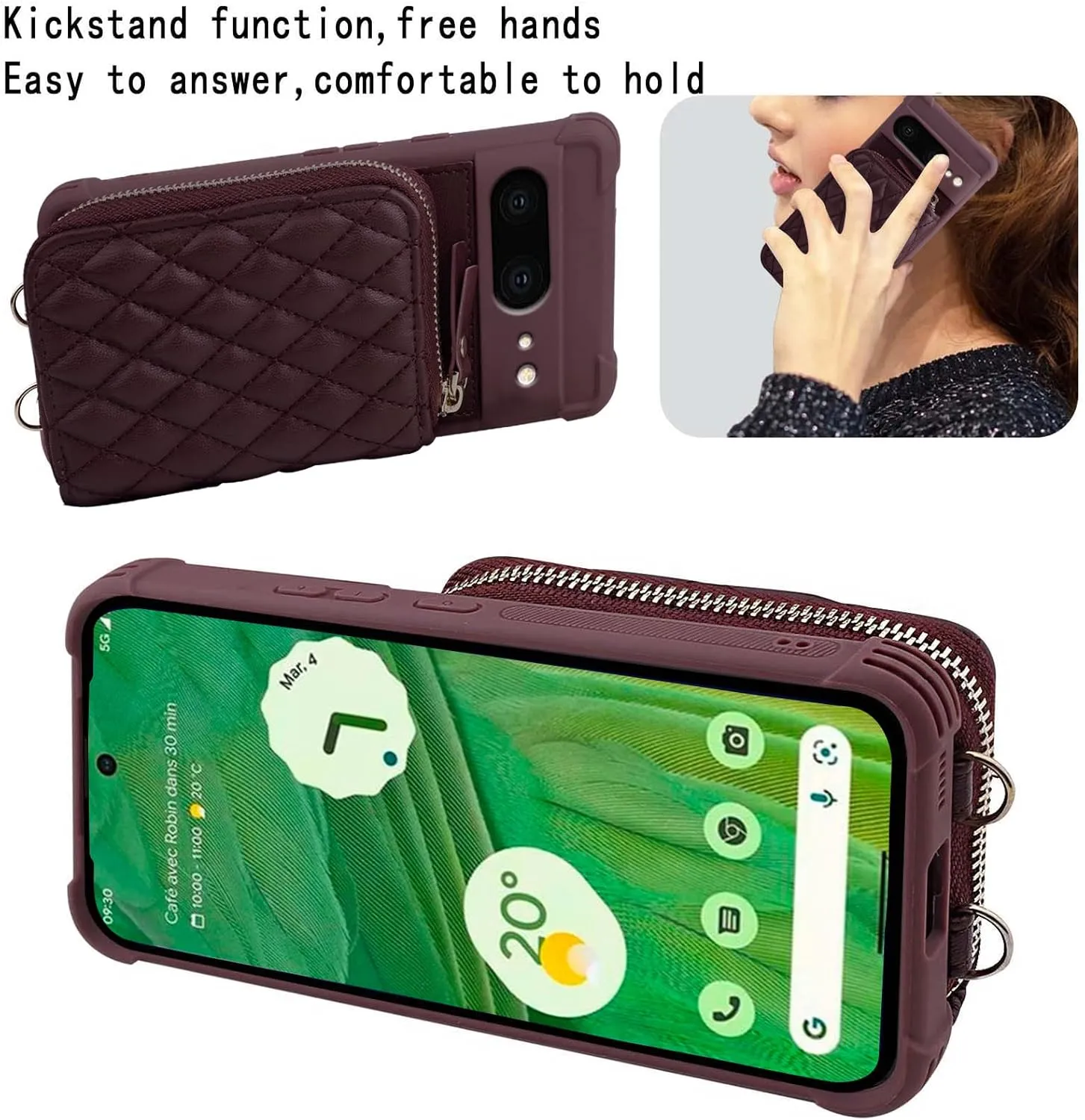 MONASAY Zipper Wallet Case Fit for Google Pixel 7, [Glass Screen Protector ][RFID Blocking] Flip Leather Handbag Phone Cover with Card Holder and Detachable Crossbody Shoulder Lanyard Strap, Burgundy