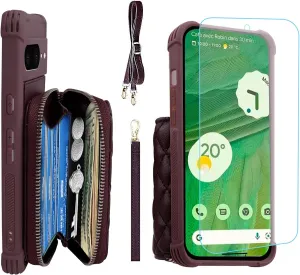 MONASAY Zipper Wallet Case Fit for Google Pixel 7, [Glass Screen Protector ][RFID Blocking] Flip Leather Handbag Phone Cover with Card Holder and Detachable Crossbody Shoulder Lanyard Strap, Burgundy