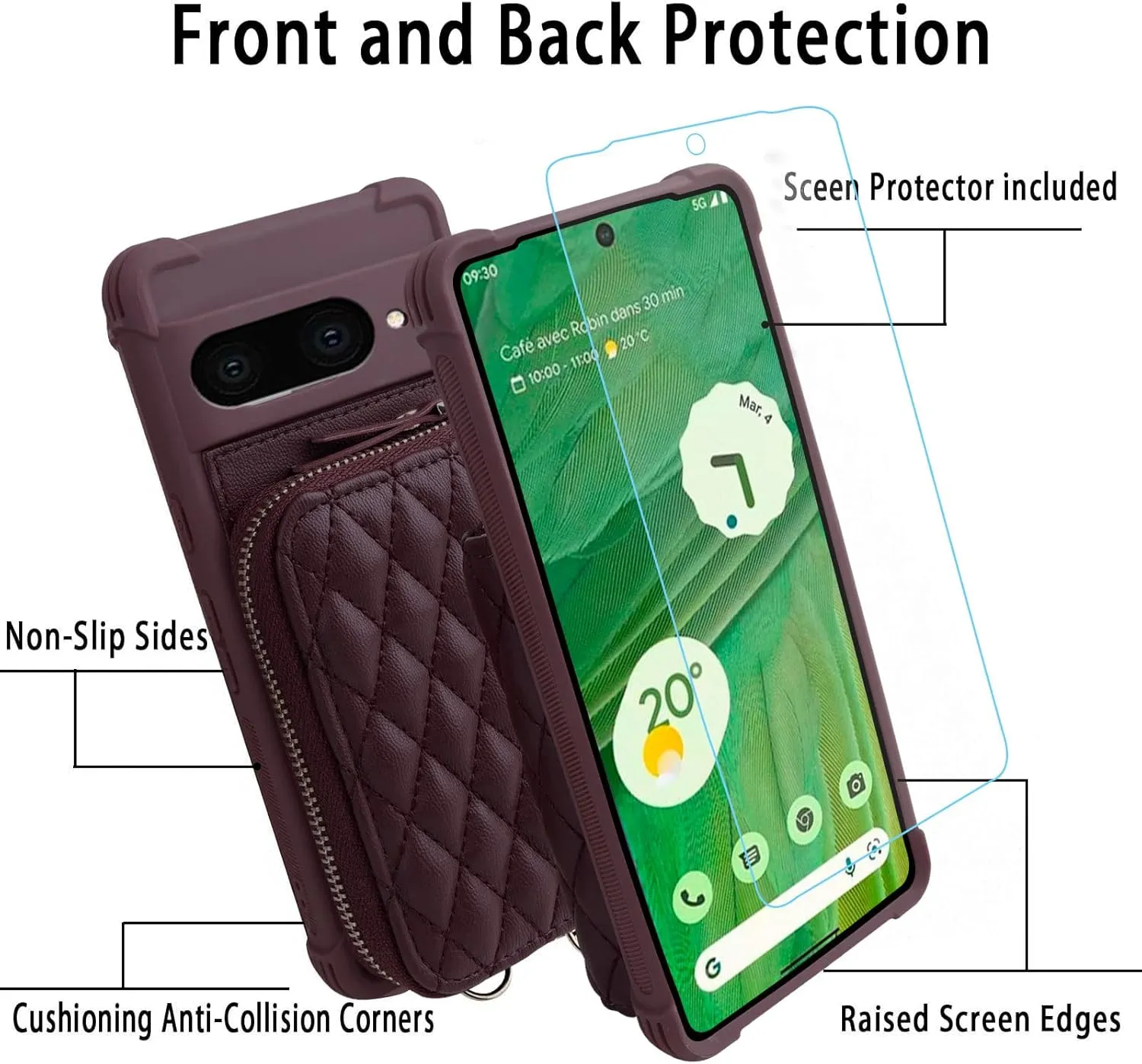 MONASAY Zipper Wallet Case Fit for Google Pixel 7, [Glass Screen Protector ][RFID Blocking] Flip Leather Handbag Phone Cover with Card Holder and Detachable Crossbody Shoulder Lanyard Strap, Burgundy