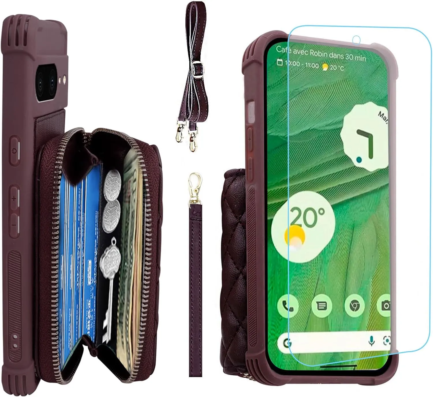 MONASAY Zipper Wallet Case Fit for Google Pixel 7, [Glass Screen Protector ][RFID Blocking] Flip Leather Handbag Phone Cover with Card Holder and Detachable Crossbody Shoulder Lanyard Strap, Burgundy