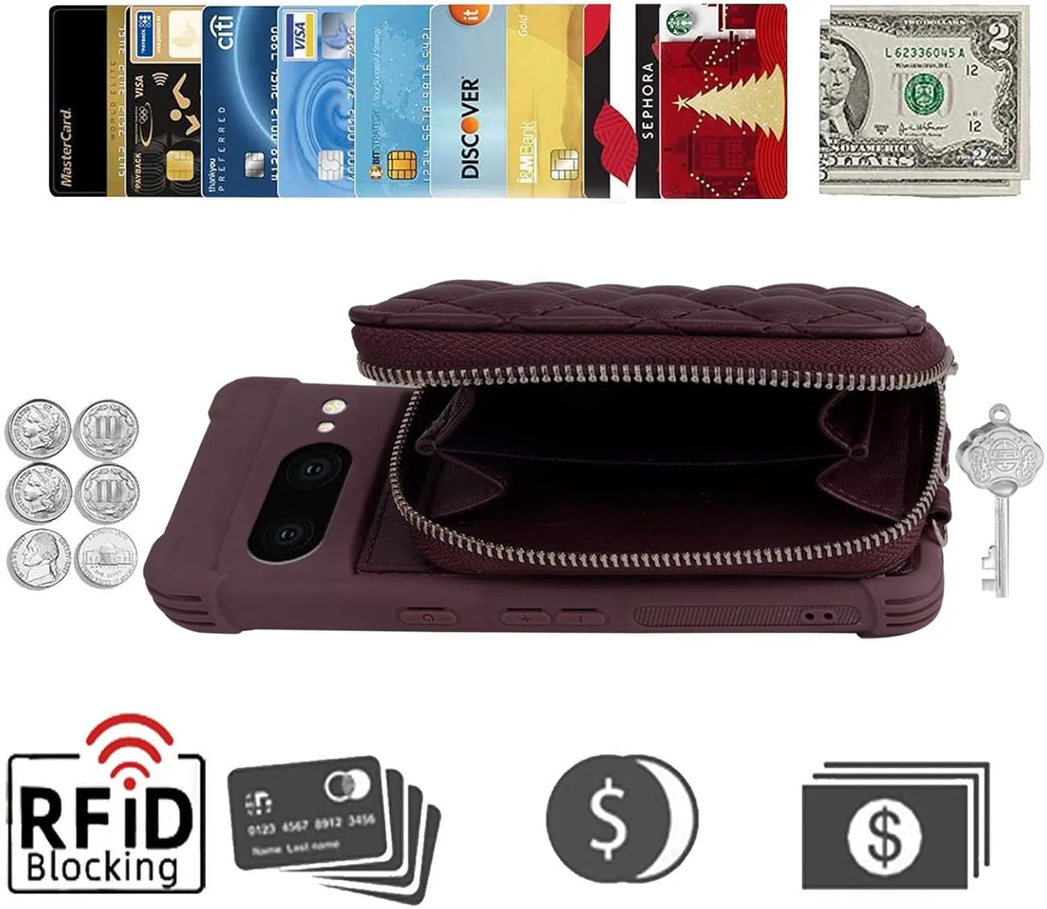 MONASAY Zipper Wallet Case Fit for Google Pixel 7, [Glass Screen Protector ][RFID Blocking] Flip Leather Handbag Phone Cover with Card Holder and Detachable Crossbody Shoulder Lanyard Strap, Burgundy