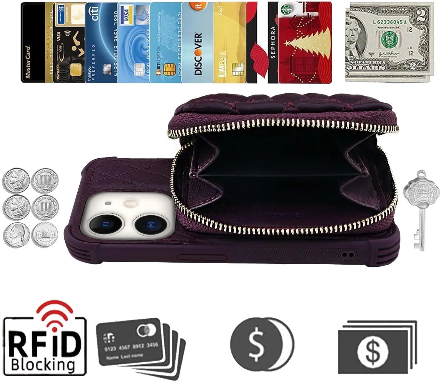 MONASAY Zipper Wallet Case Fit for iPhone 12 Pro/iPhone 12,[Glass Screen Protector ][RFID Blocking] Flip Leather Handbag Phone Cover with Card Holder and Crossbody Lanyard Strap, Purple