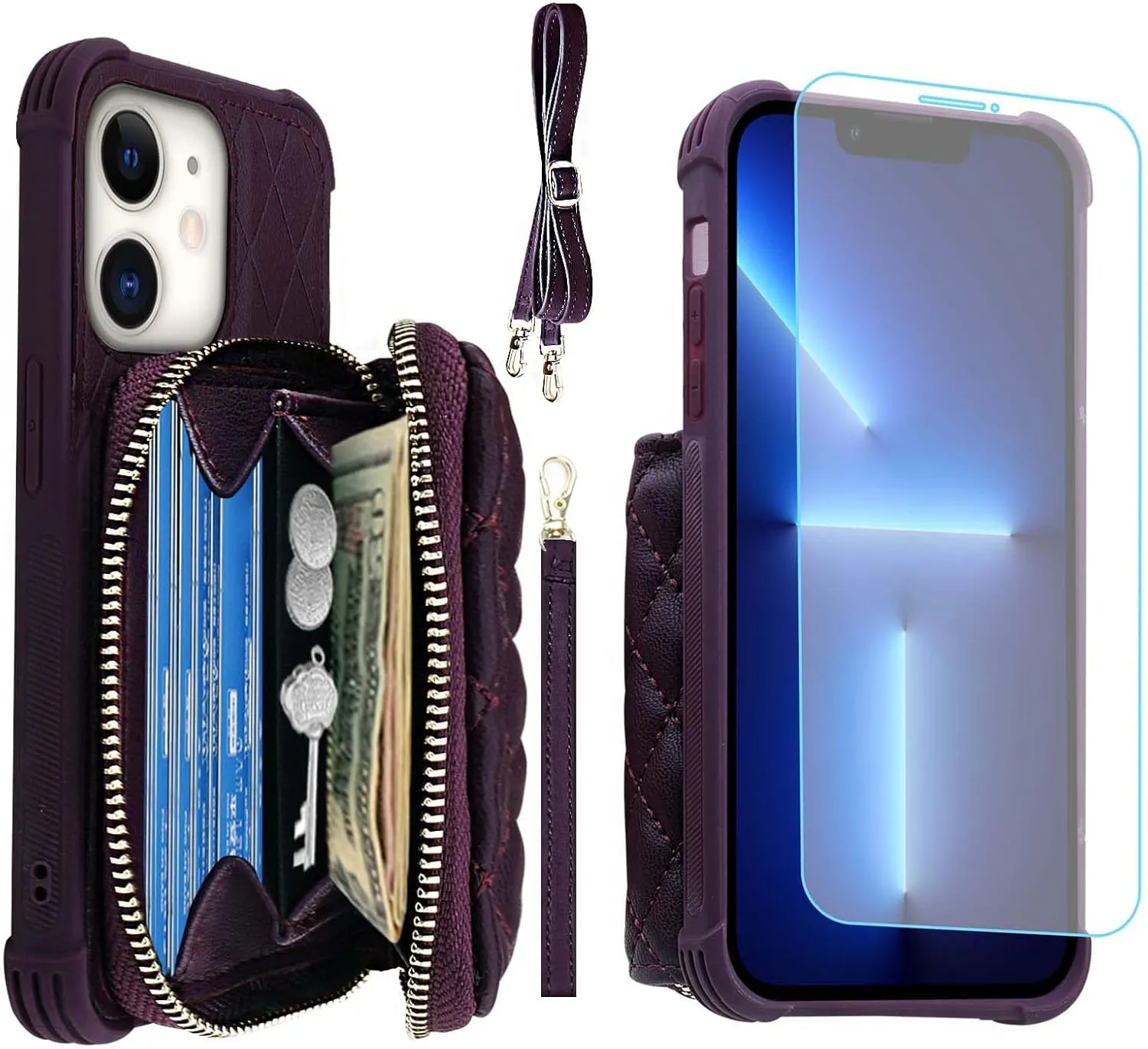 MONASAY Zipper Wallet Case Fit for iPhone 12 Pro/iPhone 12,[Glass Screen Protector ][RFID Blocking] Flip Leather Handbag Phone Cover with Card Holder and Crossbody Lanyard Strap, Purple