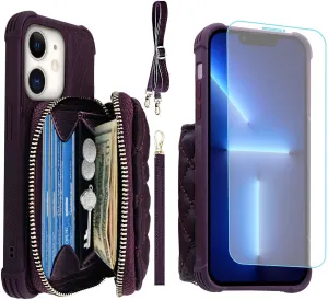 MONASAY Zipper Wallet Case Fit for iPhone 12 Pro/iPhone 12,[Glass Screen Protector ][RFID Blocking] Flip Leather Handbag Phone Cover with Card Holder and Crossbody Lanyard Strap, Purple